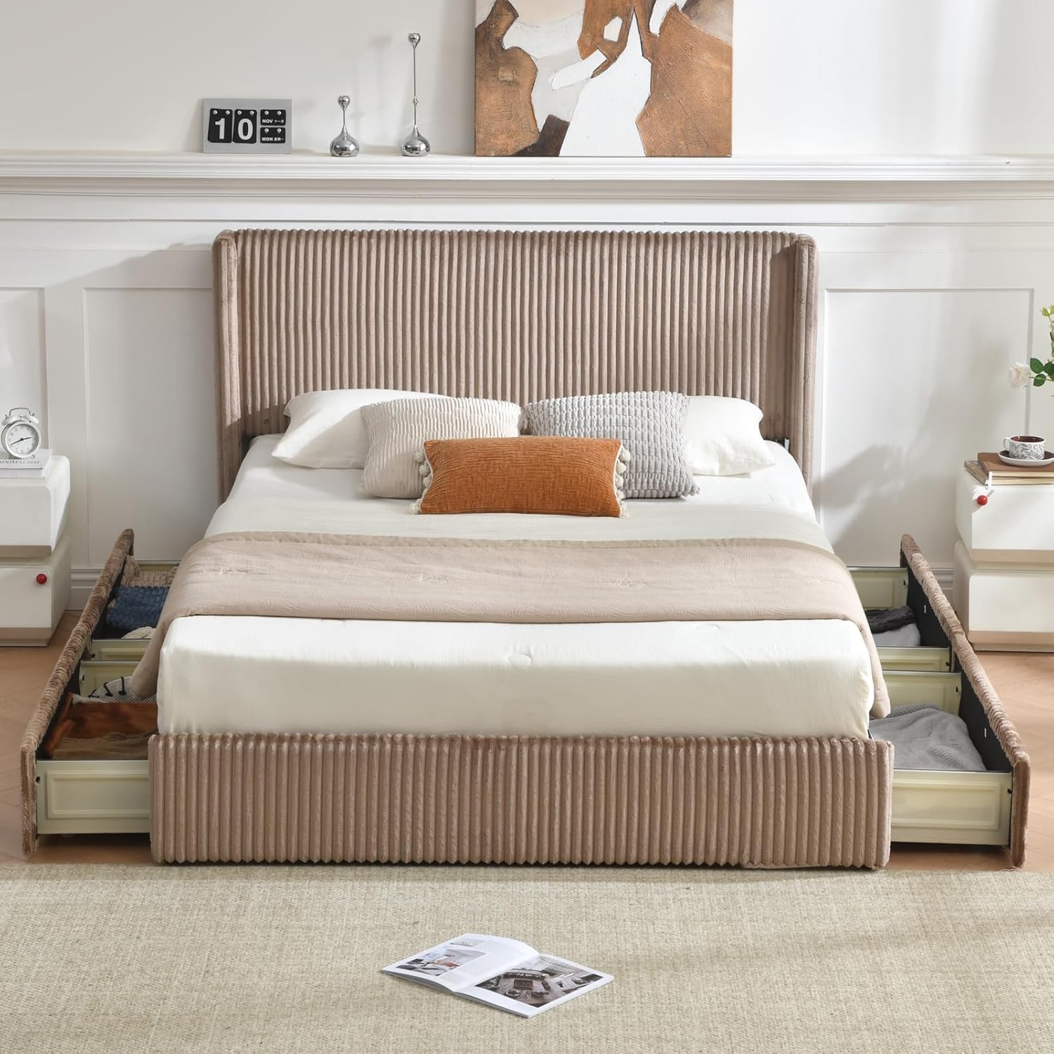 PINJU Full Size upholstered Bed Frame with 4 Storage Drawers, Modern Vertical-Striped wingback headboard, slatted Wood Support, Easy Assembly and no Noise (Brown, Full)