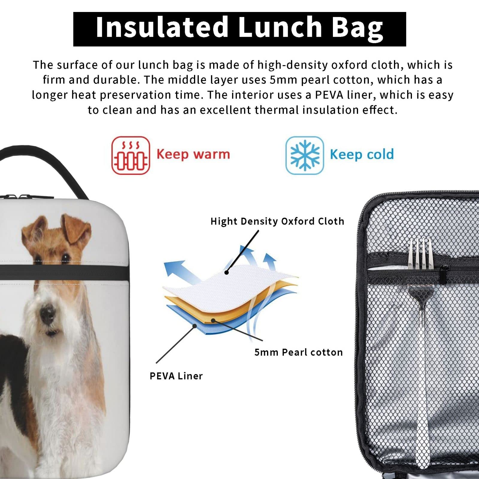 Borsa da pranzo per cani Fox Terrier, borsa termica resistente riutilizzabile per adulti Borsa termica riutilizzabile
