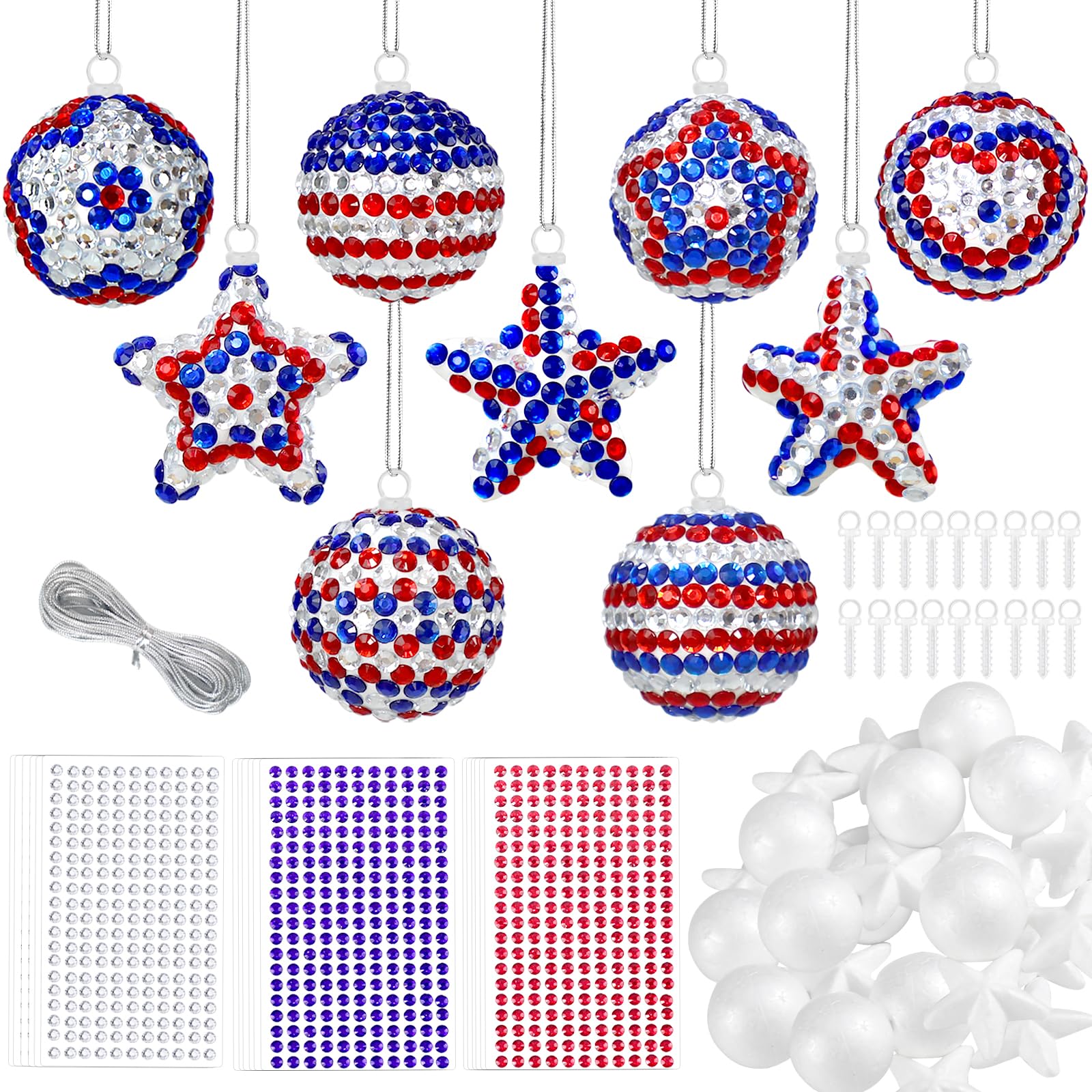 18 Set 4th of July Crafts Activities Kits Patriotic DIY Glitter Foam Star Ball Ornaments Independence Day Decorations Red White Blue Gem Stickers
