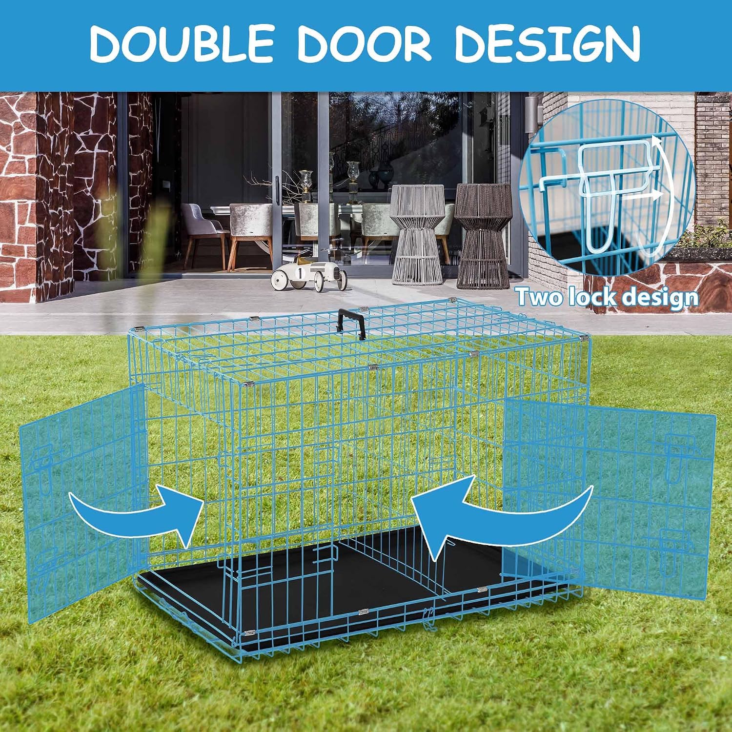 42 Inch Medium Dog Kennel - Foldable, Double Door, Leak-Proof Tray, Blue Puppy Crate for Indoor/Outdoor Use