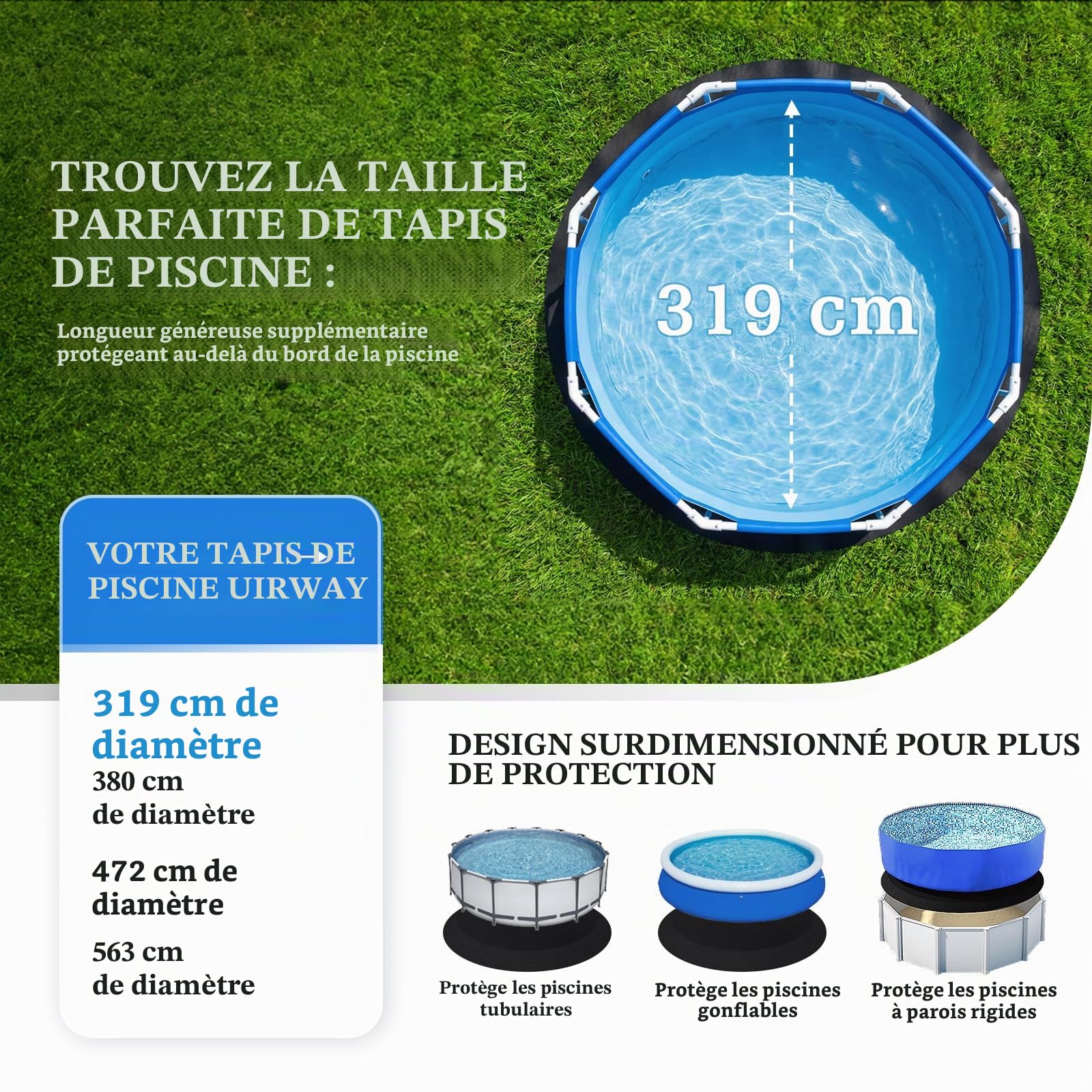 UIRWAY Tapis de piscine rond 319 cm, [2026 Nouveau tapis de piscine 300 g/m² plus épais] Tapis de fond de piscine prédécoupé, bâche de sol pour piscine hors sol, protection de sol, doublure, support