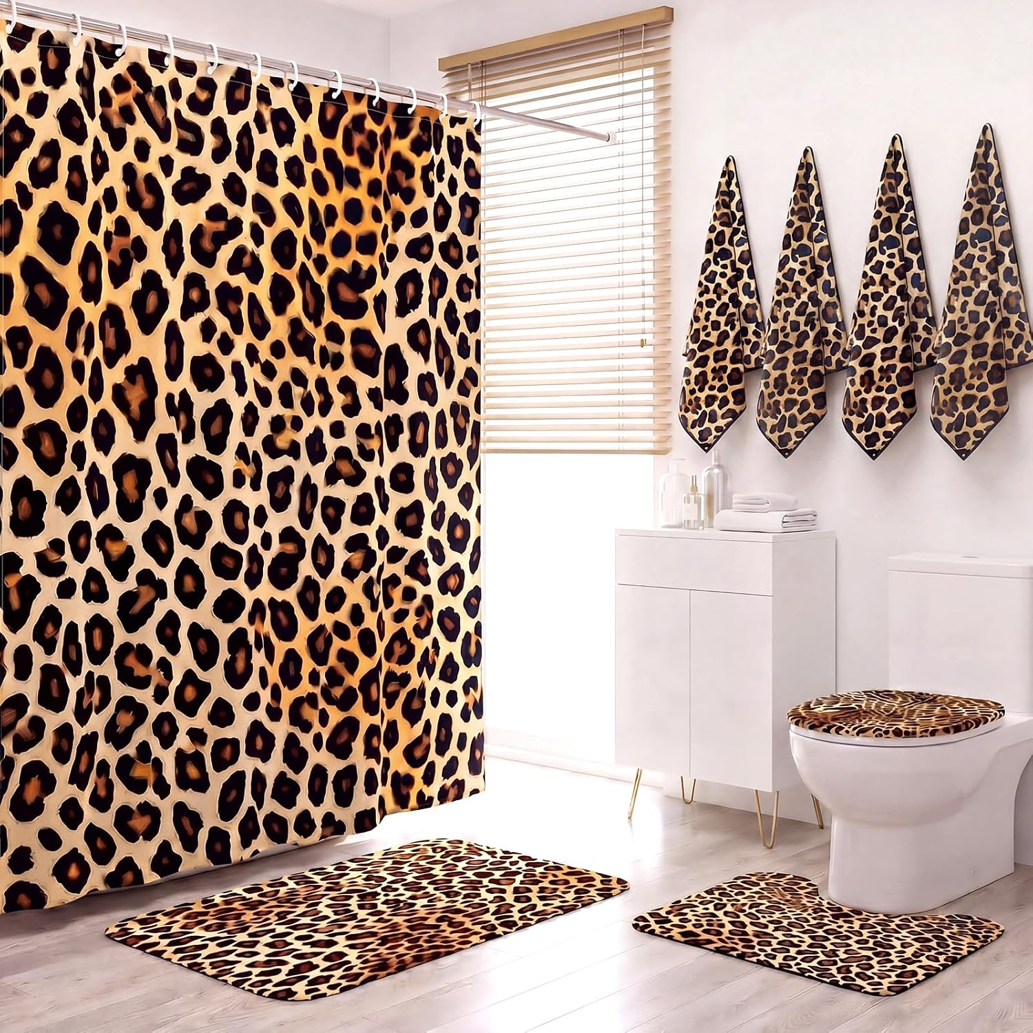 8 Pcs Leopard Bathroom Set Cheetah Print Shower Curtain with Hooks Toilet Lid Cover Bath Mat Contour Mat Bath Rug 4 Leopard Towels Brown Animal Print Shower Curtain Bathroom Decor