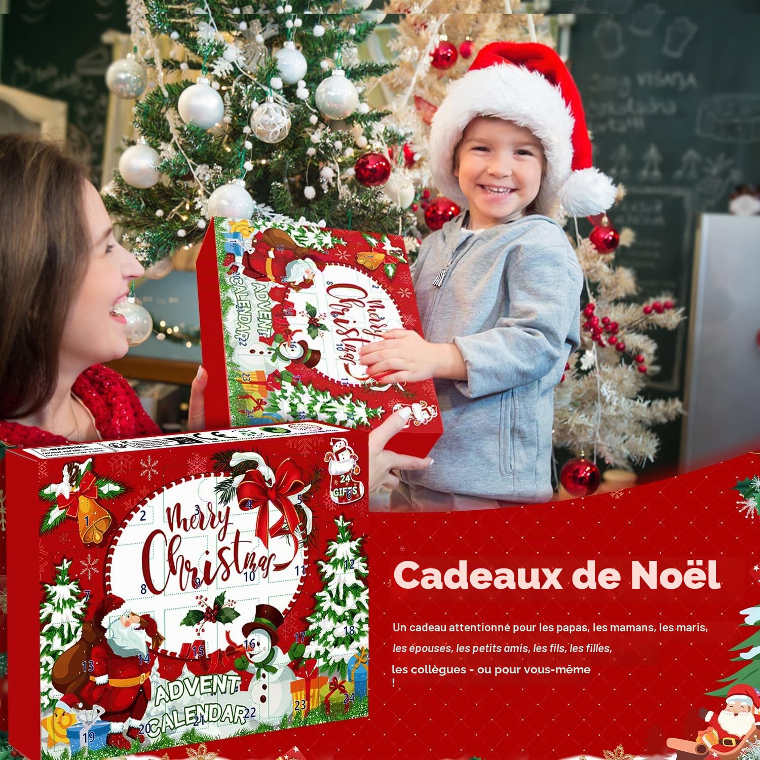 Calendrier de l'Avent 2026 24 jours de Noël avec joli motif chaussettes pour Noël (rouge, 36-42)