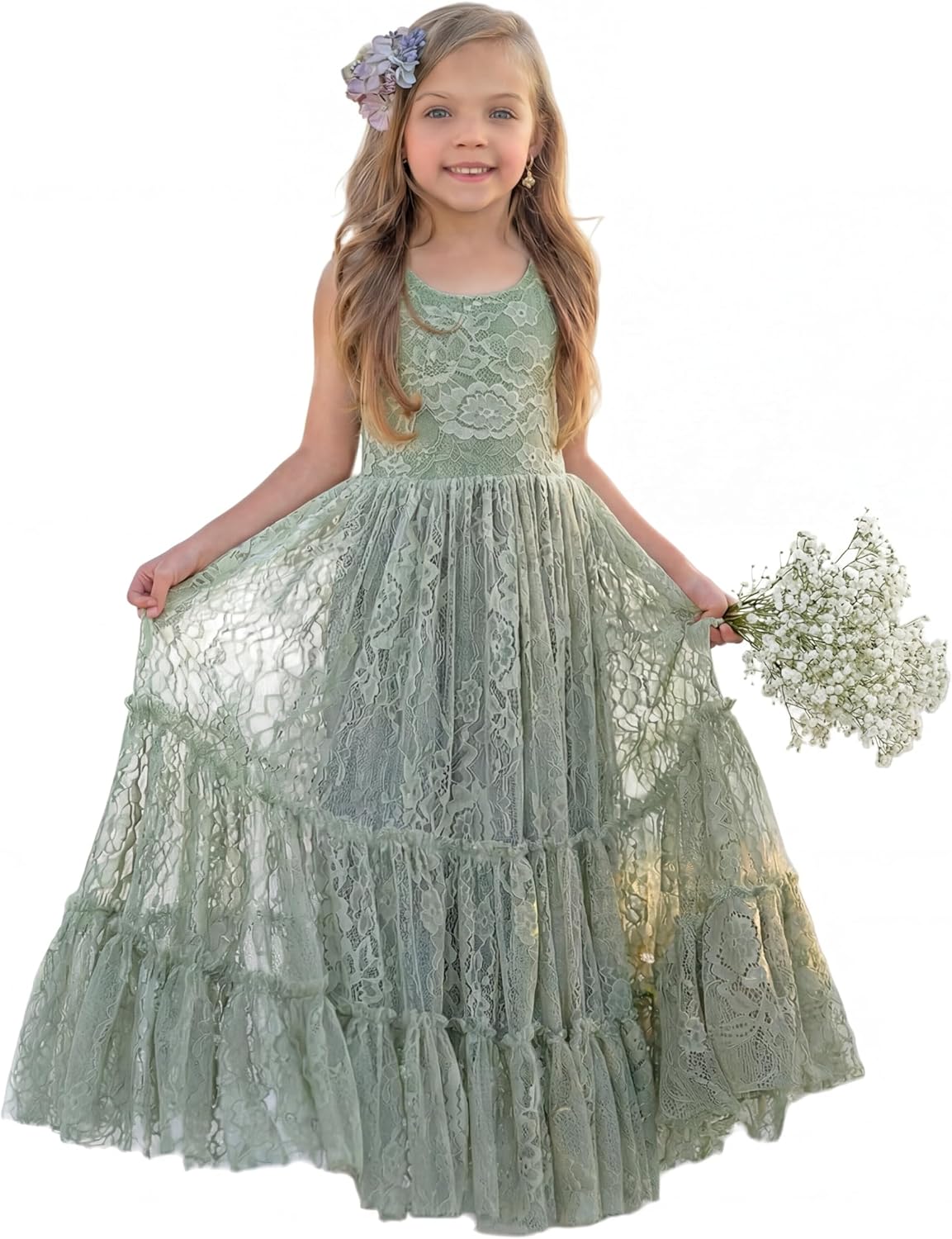 LalaMira Flower Girl Dress Lace Boho Toddler Dresses Ruffle Girl Dress for Wedding Garden Party Holiday Communion Sleeveless