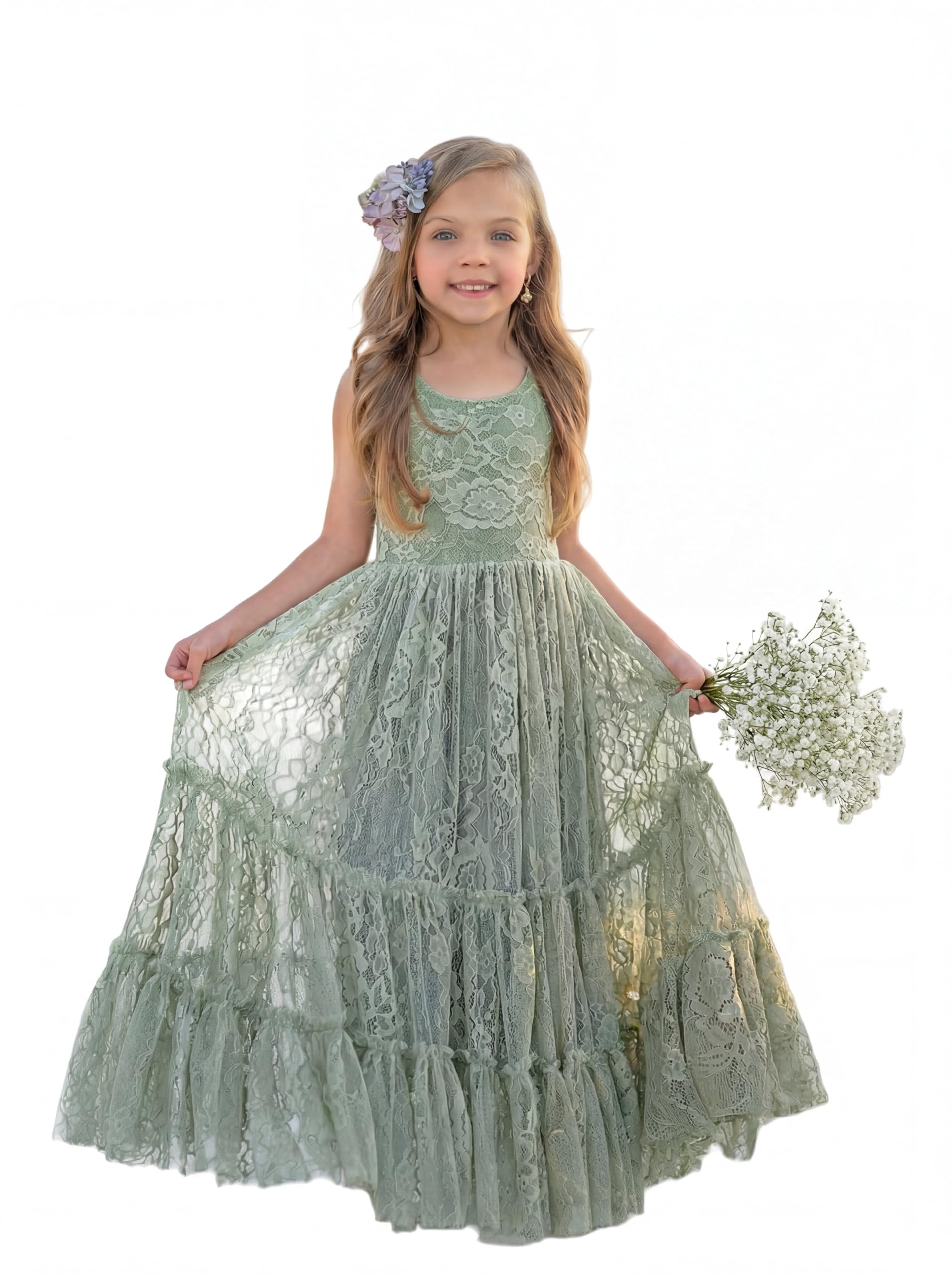 LalaMira Flower Girl Dress Lace Boho Toddler Dresses Ruffle Girl Dress for Wedding Garden Party Holiday Communion Sleeveless
