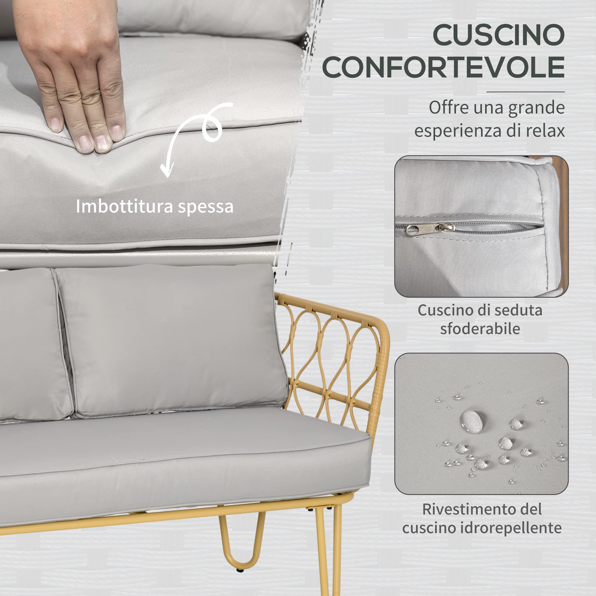 Outsunny Salotto da Giardino Rattan 4 Pezzi con Divano 2 Posti, 2 Poltrone e Tavolino con Piano in Vetro Stile Boho, Cuscini Sfoderabili, Giallo