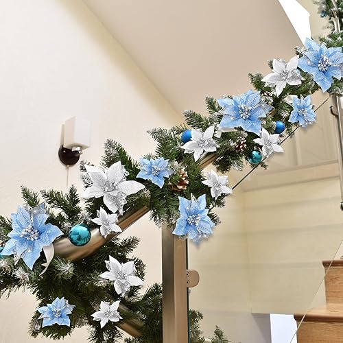 Vista 128 de Boao 24 Pieces Christmas Artificial Glitter Poinsettia Flowers Xmas Flowers Wedding Christmas Tree New Year Ornaments(Green)