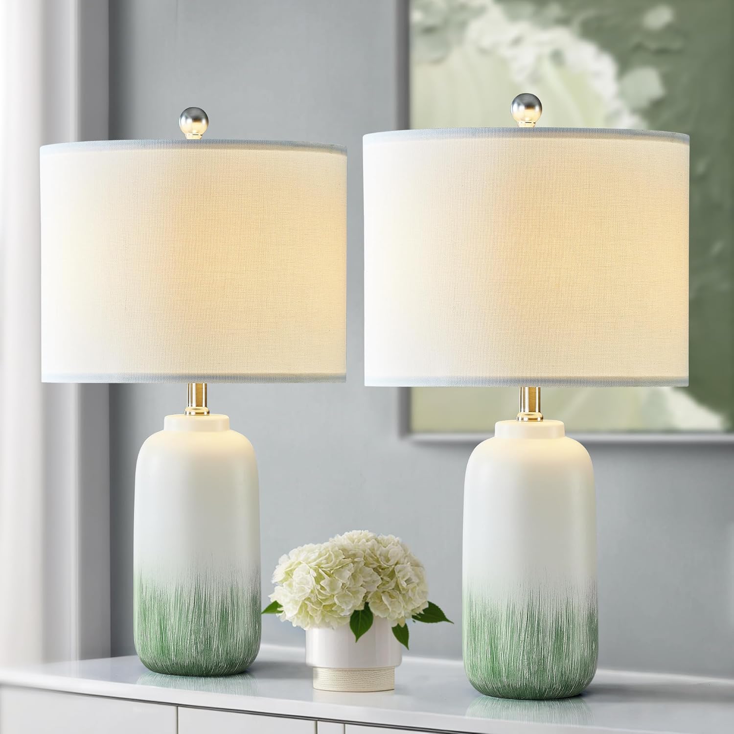 24" Green Table Lamps Set of 2 - Modern Ceramic Bedside Lamps for Night Stands, 3 Way Dimmable Green End Table Lamps for Living Room Bedroom