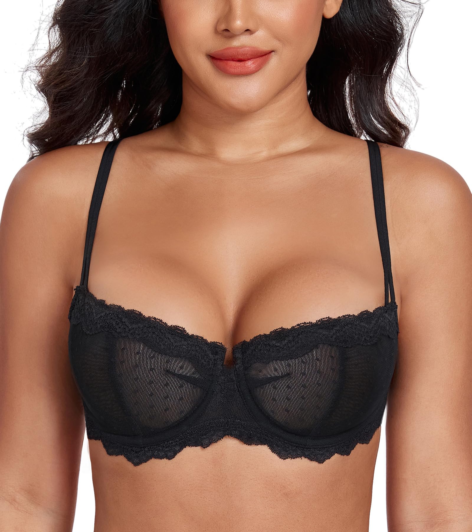 Exclare Women's Lace Balconette Bra Sheer Demi See Through Mesh Unlined Underwire Sexy