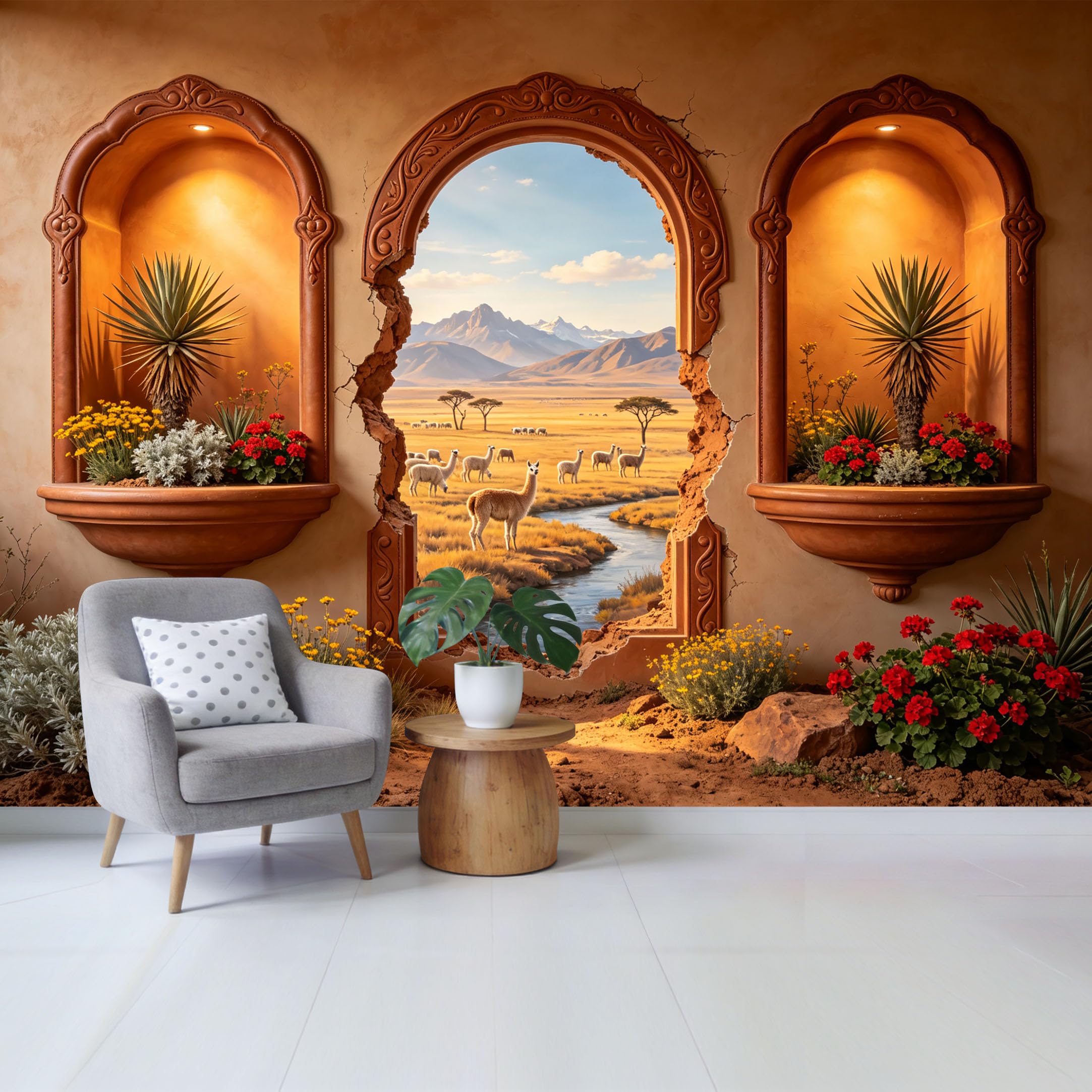 Custom Size Wall Mural Desert Window View with Llamas and Mountains Landscape 3D Trompe l’oeil Removable Self Adhesive Fabric Home Wall Decor for Living Room Bedroom Bathroom