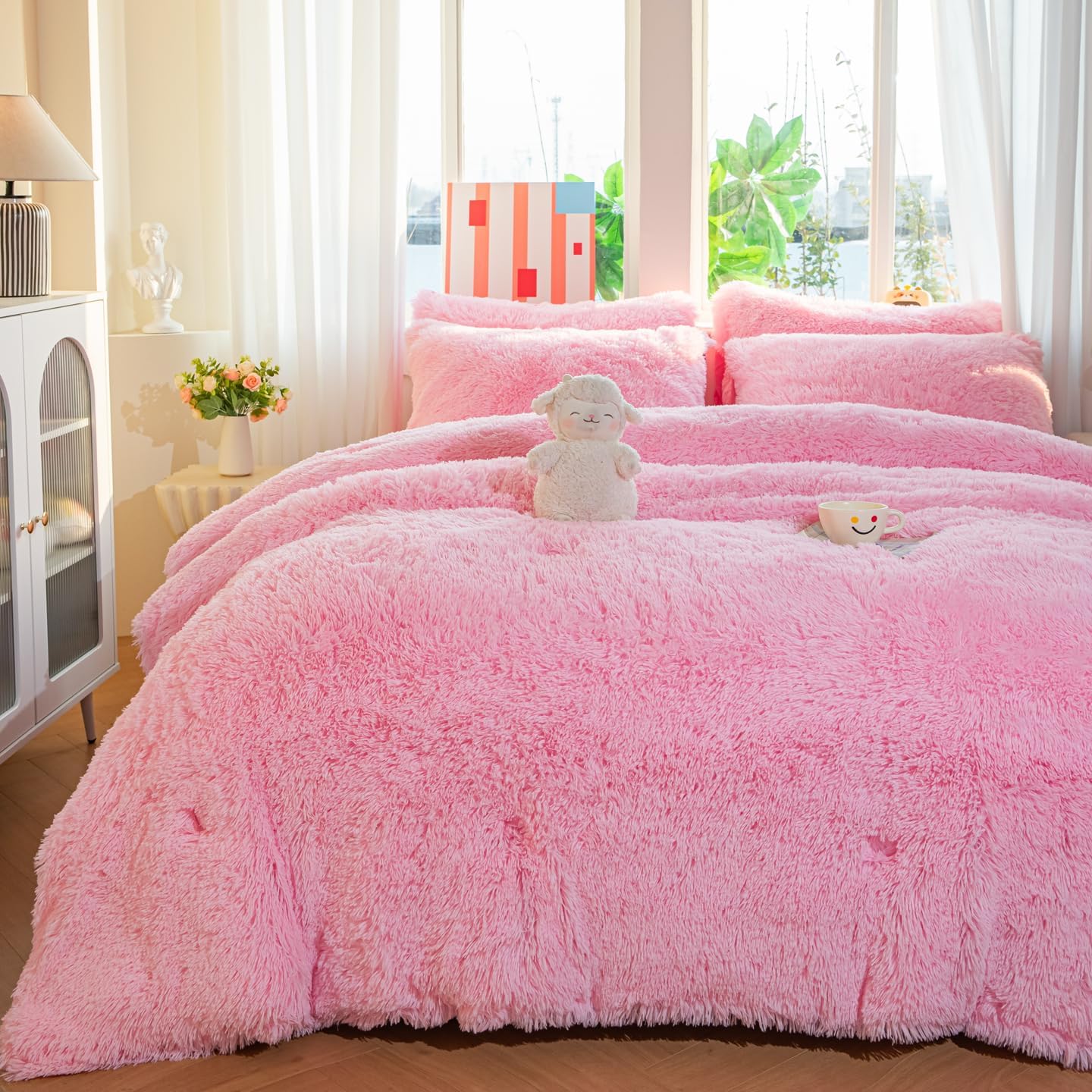 Kids Girls Faux Fur Light Pink Comforter Sets Twin/Full - 3PC Bed Set Skin Friendly Soft Warm Comfortable Classical Rabbit Plush Velvet Flannel Fluffy Fuzzy Bedding(Comforter x 1 Pillowcases x 2) - Image 2