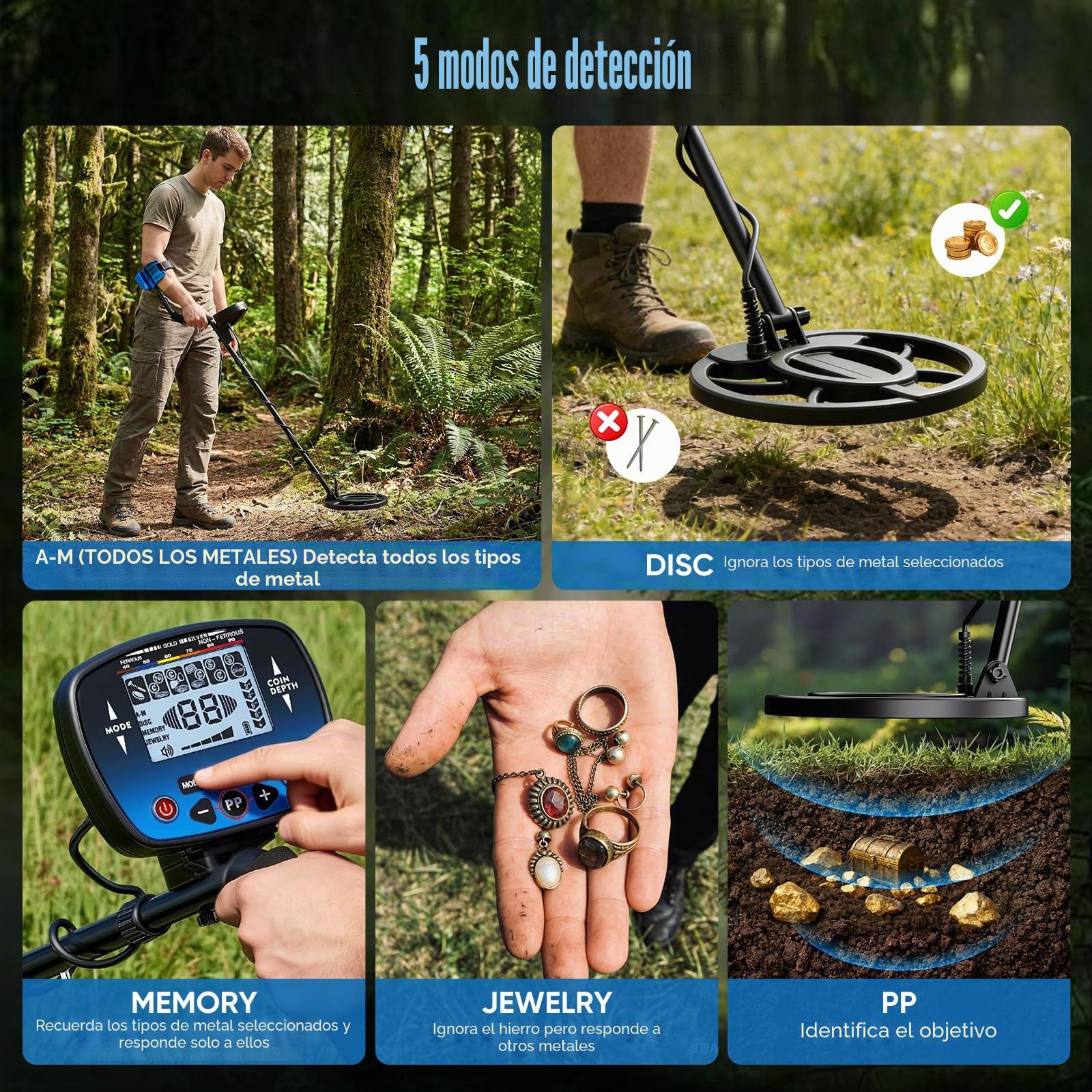 Detector de Metales Profesional para Adultos y Niños, Impermeable para Oro con Modos Pinpoint y Terreno, Emparejamiento Rápido, 5 Modos, Alta Precisión, Ligero y Fácil de Usar