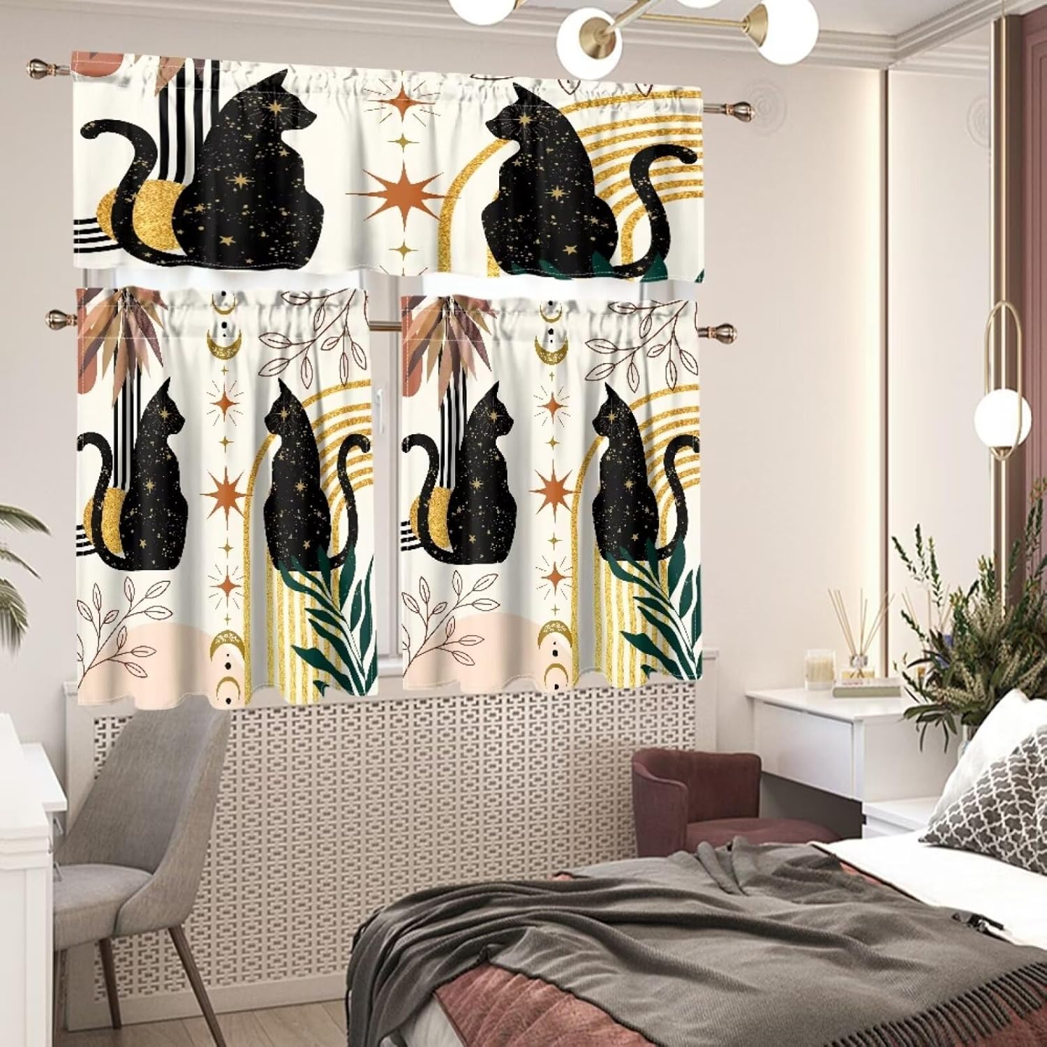 Mystic Cat Valance Curtains for Living Room, Boho Magic Constellation Decor Pattern Windows Treatments, Rod Pocket Drapes for Bedroom Kitchen, 54x18in 1P/27x36in 2P