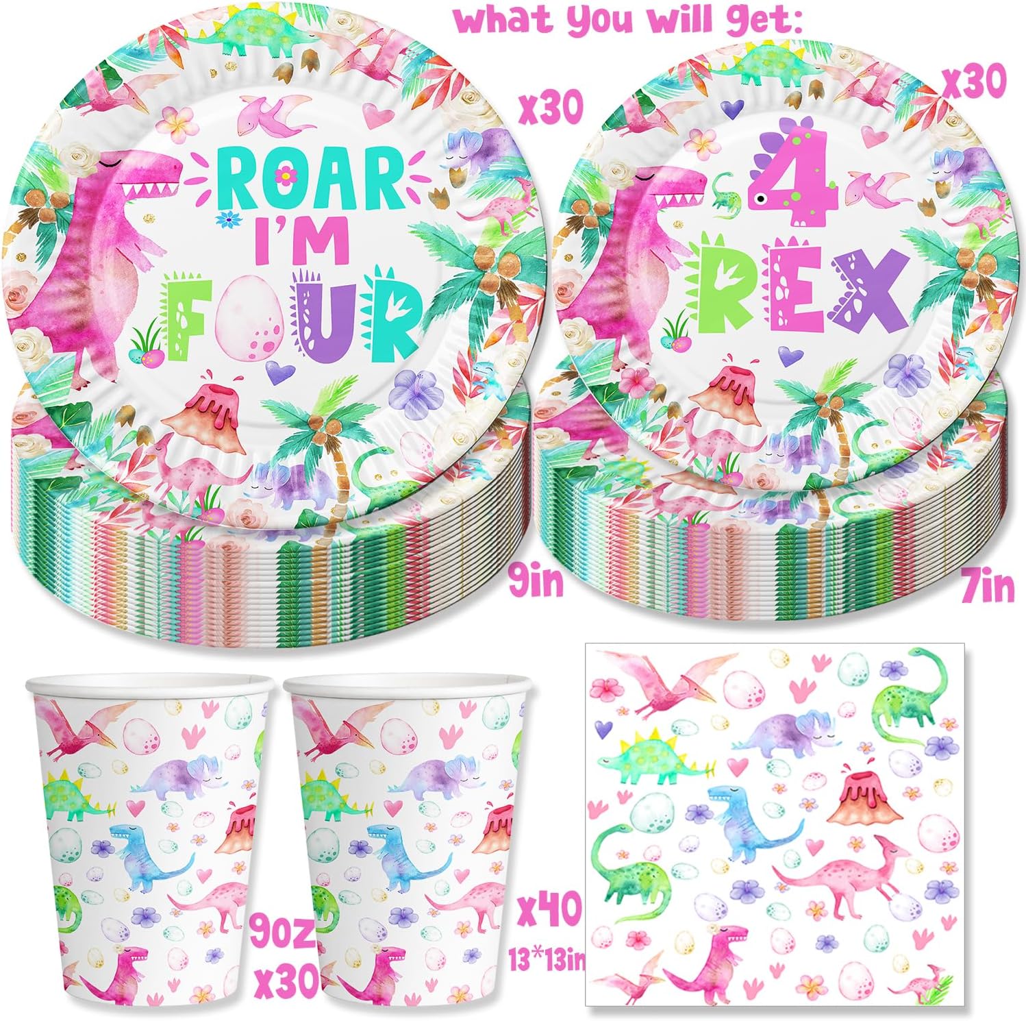 Watercolor Dinosaur 4th Birthday Paper Plates Napkins and Cups Roar I Am Four Dinosaur Birthday Decorations Pink Dinosaur Party Supplies for Girls Dino Bday Serve 30 guests (Pink FOUR)