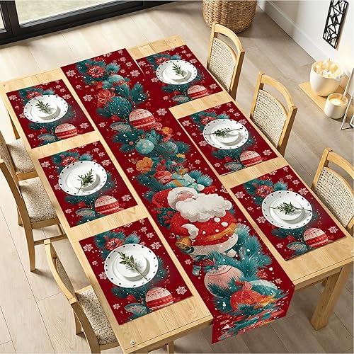 Miniatura 65 de Juego de manteles individuales y camino de mesa de muñeco de nieve y árbol de Navidad, 7 piezas (1 camino de mesa + 6 manteles individuales), diseño