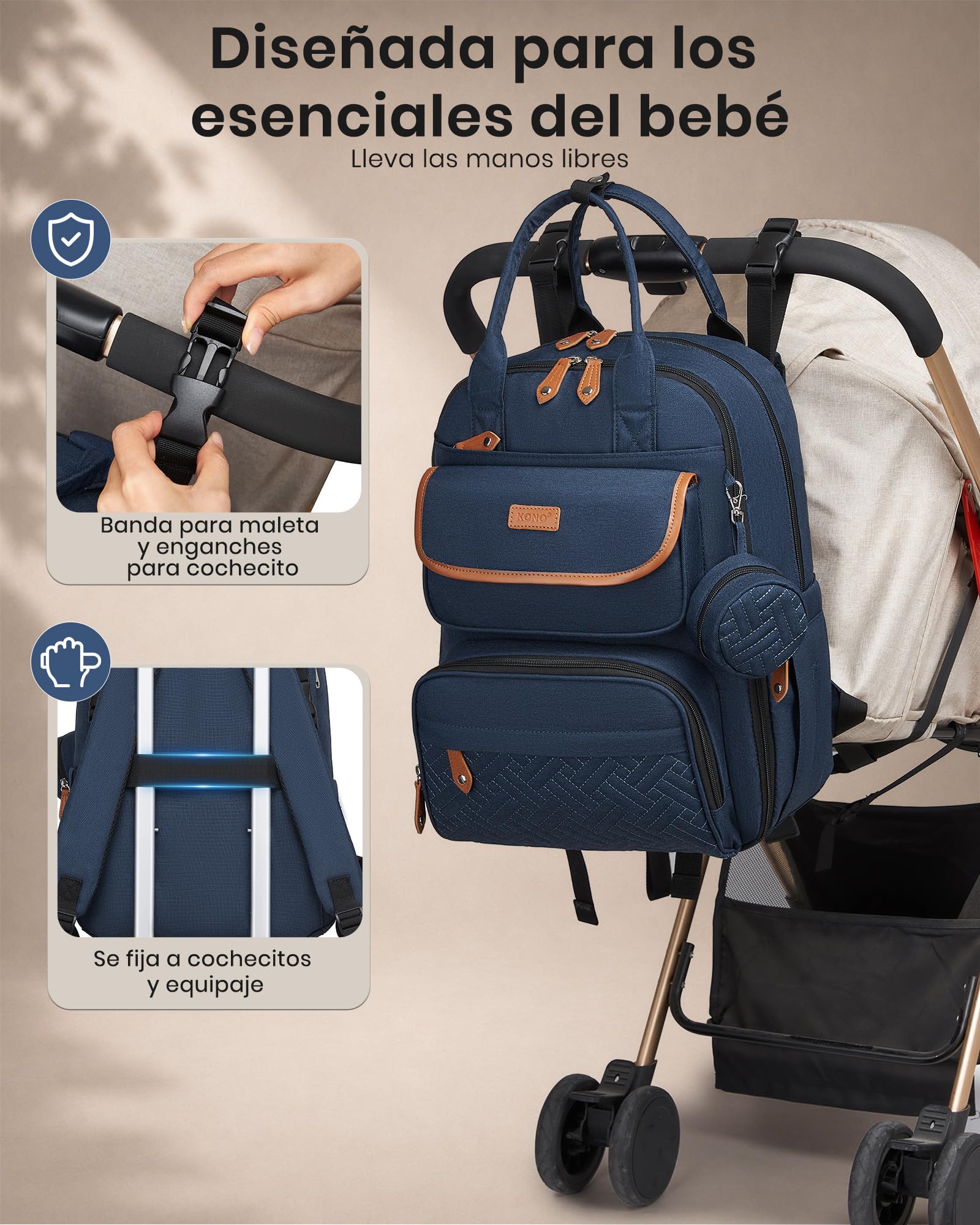 Kono Mochila Pañalera Bebé Gran Capacidad con Cambiador para Mamá y Papá