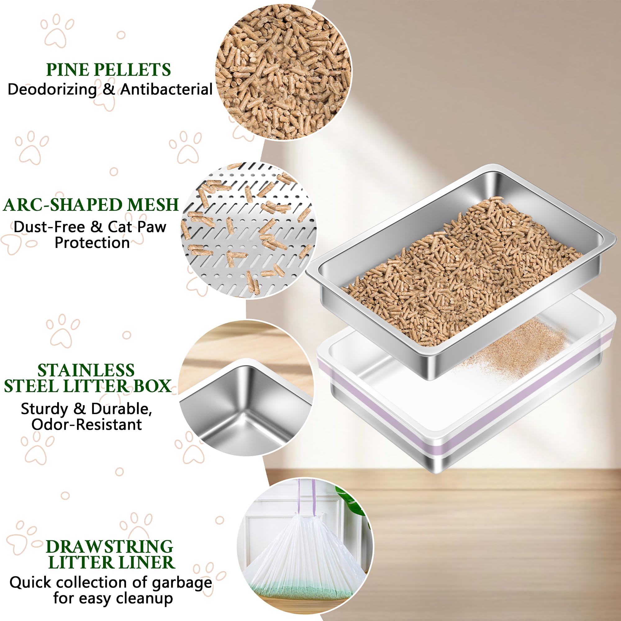 Stainless Steel Sifting Cat Litter Box for Pine Pellets, Large Metal Cat Litter Box Sifter Pan with Litter Scoop, Low Dust, Odor Control, Easy Cleaning, 19.7L*13.8W*6H - image 4