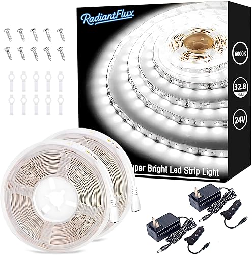 Miniatura 16 de RadiantFlux 2 juegos de tiras de luz de 10 pies, tiras de luces LED regulables de 24 V, tiras de luces LED blancas, tira de luz LED súper brillante
