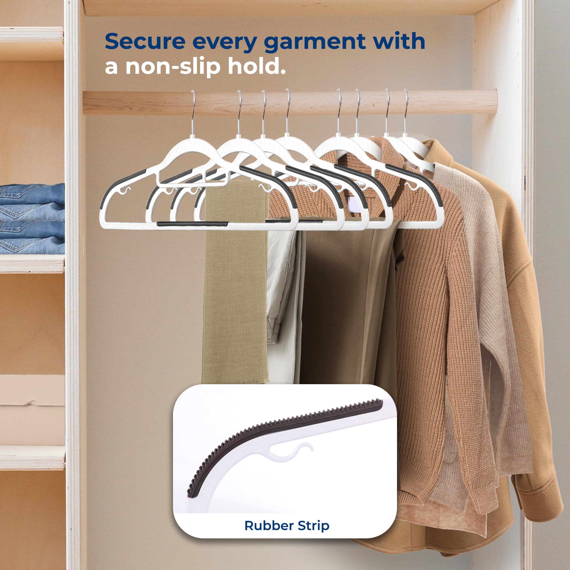 SereneLife Kleiderbügel aus Kunststoff, 50 Stück, mit rutschfestem Gummi-Pad und 360° drehbarem Haken, langlebige weiße Kleiderbügel für Hemden, Mäntel, Hosen, Kleider, platzsparender
