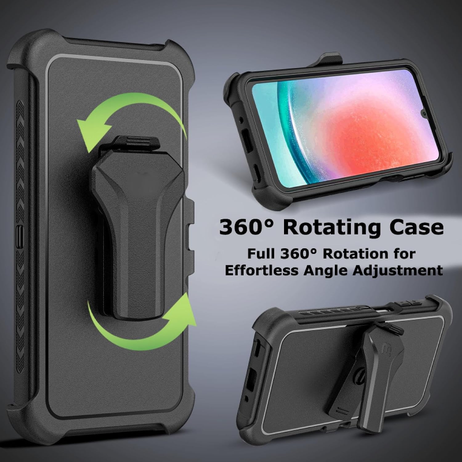 Rugged Holster Case Compatible with Galaxy A16 5G – Triple-Layer Military-Grade Drop Protection & Rotating Clip - Black