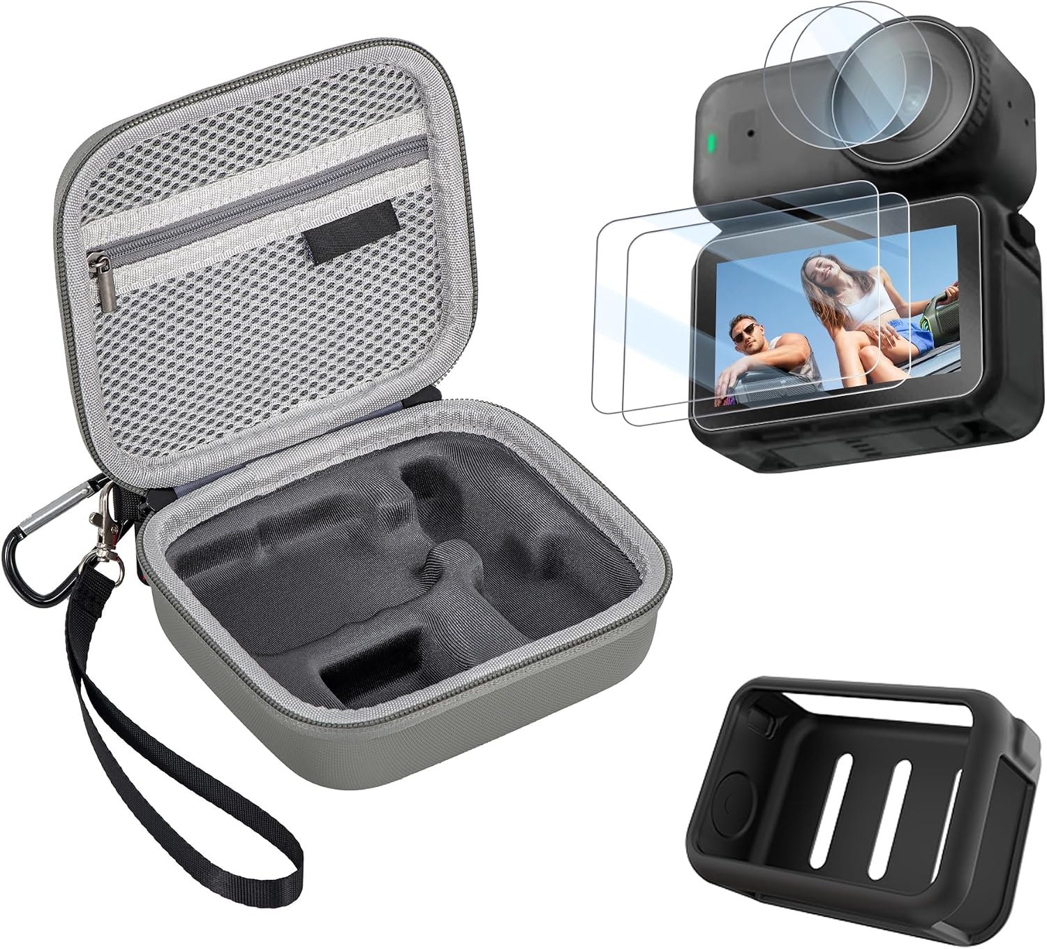 Protective Kit for DJI Osmo Nano, 4-In-1 Accessories Set with Hard Shell Travel Case & Carabiner, Silicone Protective Cover, 9H Tempered Glass Lens Protector and Screen Protectors (2-Pack)
