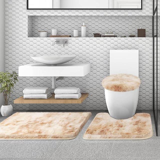McEu Bath Mat Set, Upgraded Bathroom Mat Sets 3 Piece, Machine Washable Non Slip Bathroom Rug Super Absorbent Anti Mould Bath Rug Tie-dye Beige, Pedestal Mat Toilet Lid Cover for Inside Bath Bathroom