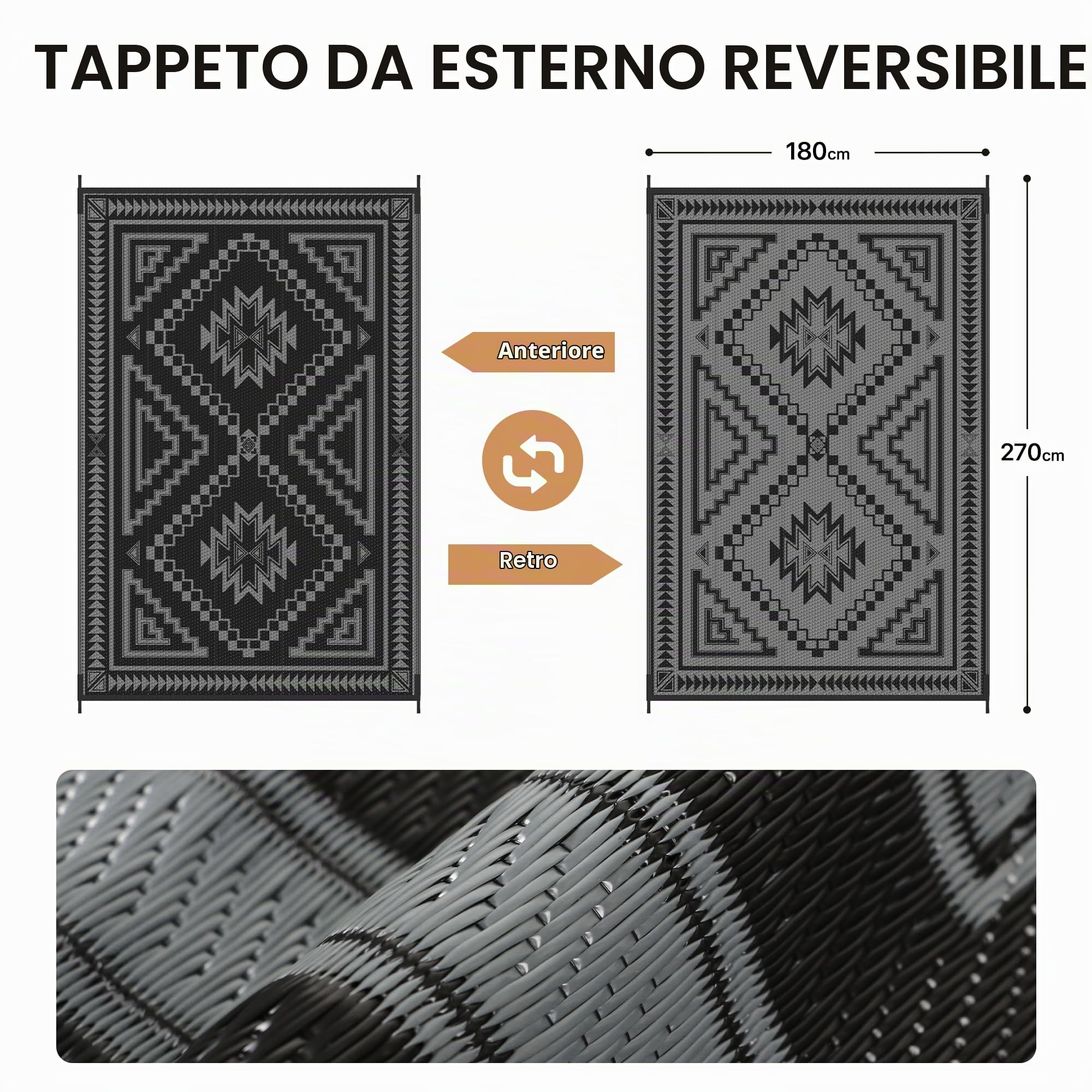 GENIMO Tappeto Outdoor 6x9 ft Impermeabile Reversibile Motivo Losanga per Terrazzo Giardino Eventi - Grigio Nero