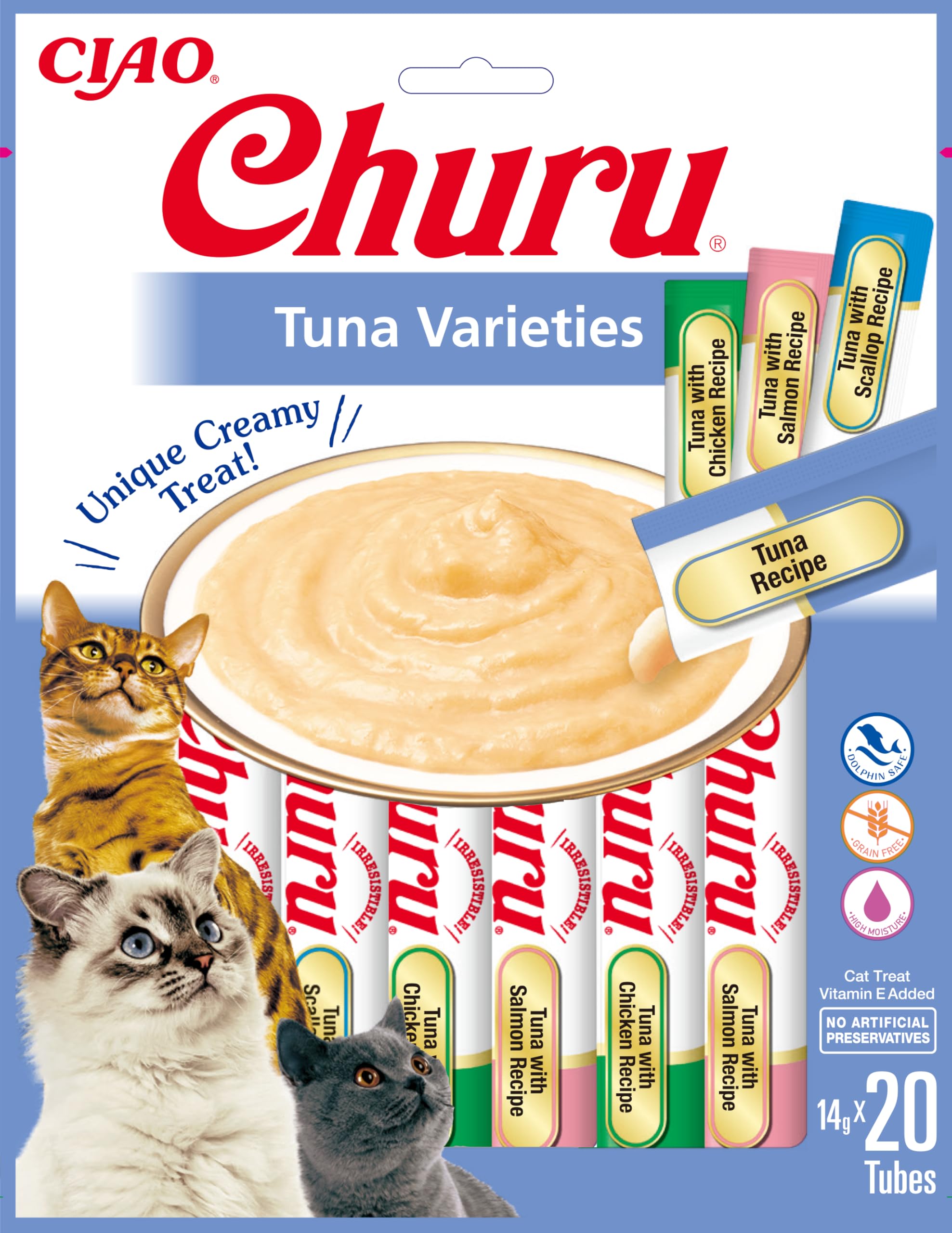 INABA Churu Püree Multipack - Deliciosas golosinas para Gatos para Alimentar de la Mano - Deliciosos Aperitivos para Gatos para lamer - Deliciosos Dulces en porciones prácticas con atún como Base.