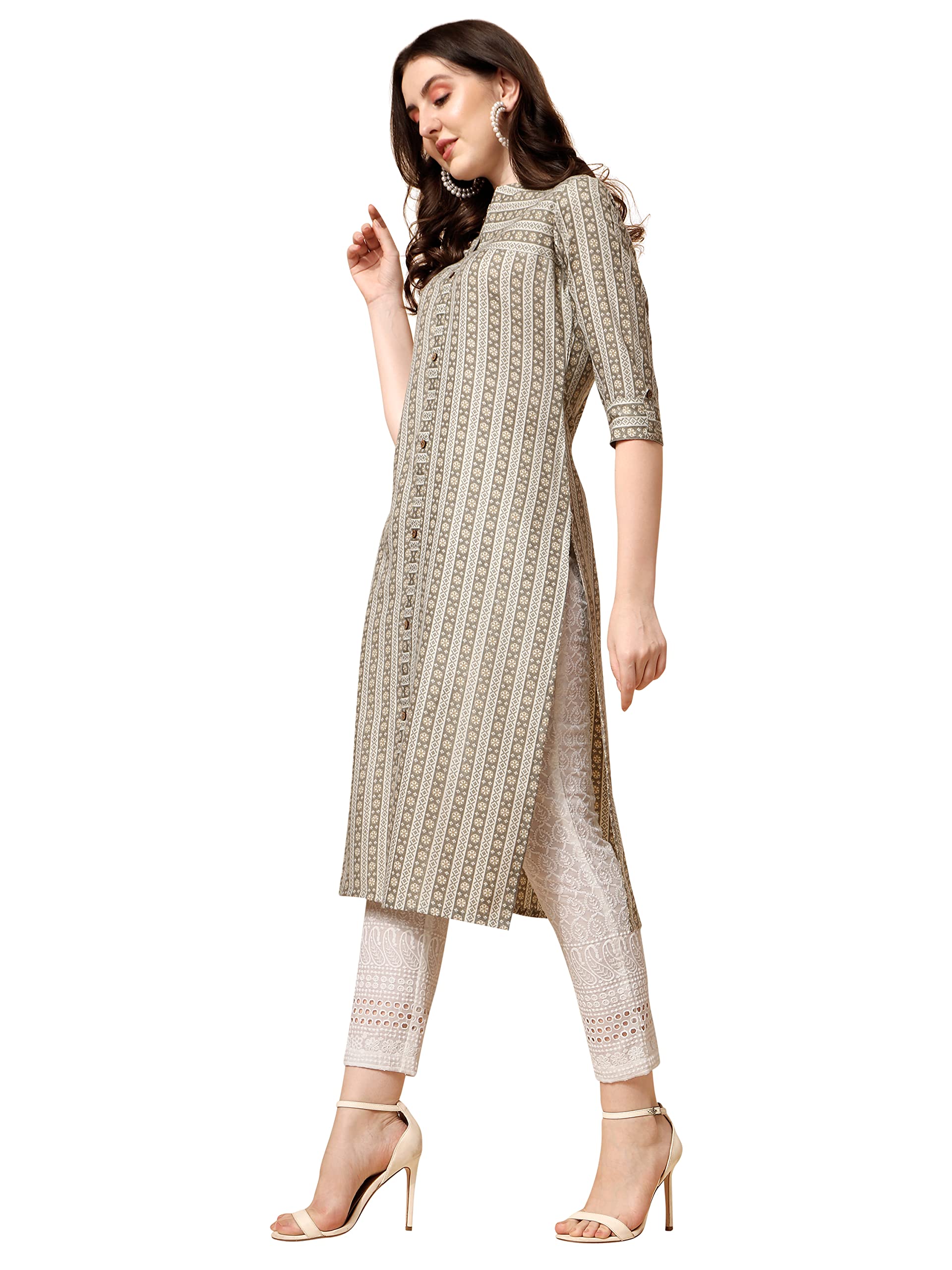 NAINVISH Women's Cotton Blend Straight Mandarin/Chinese Neck Printed Kurta (SD419_K-L_Yellow) 1