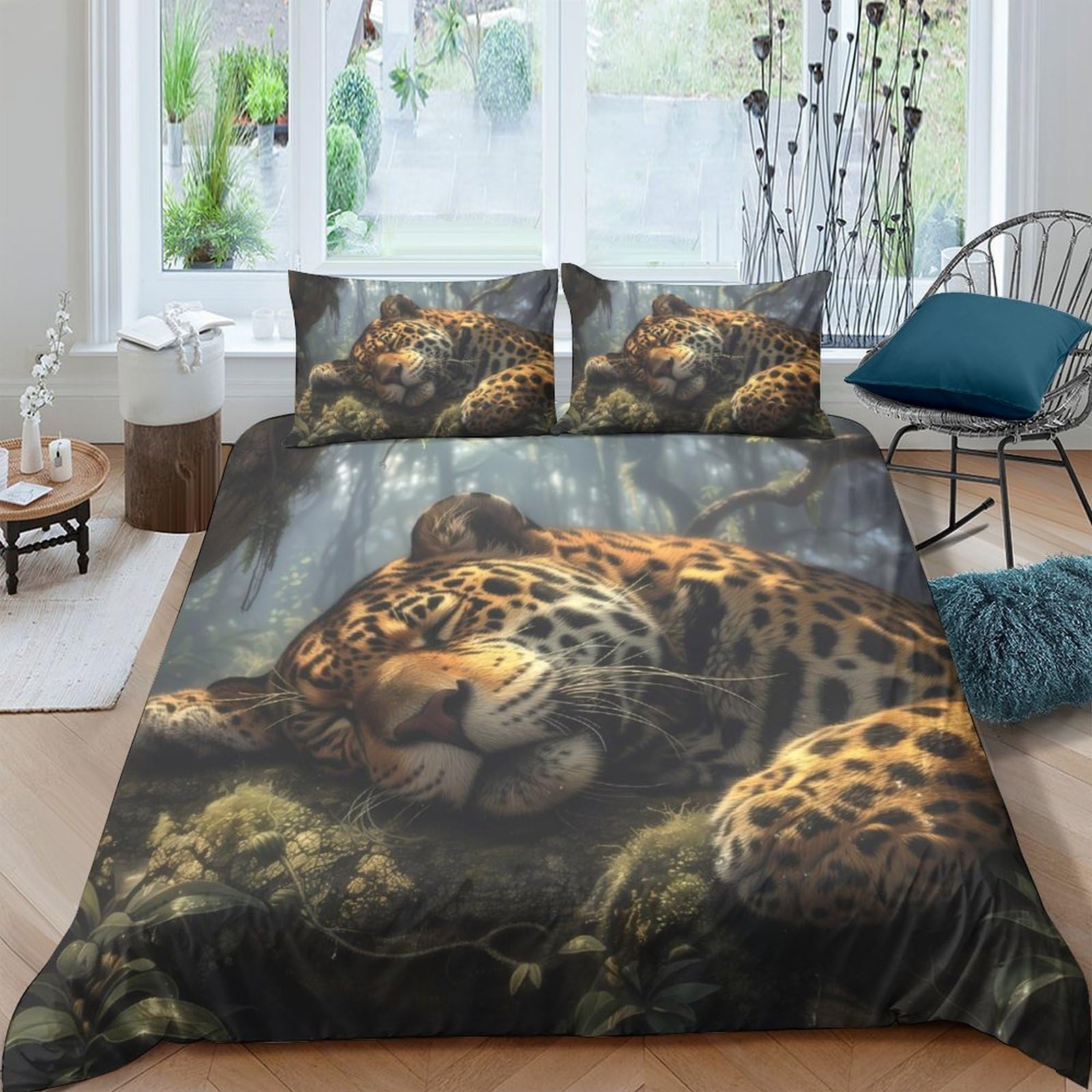 GPLZQXKJNH 3D Printed Jungle Leopard Duvet Cover Microfiber Soft Breathable Forest Animal Bedding Set with 2 Pillowcases for Bedroom Decor, Single（135x200cm）