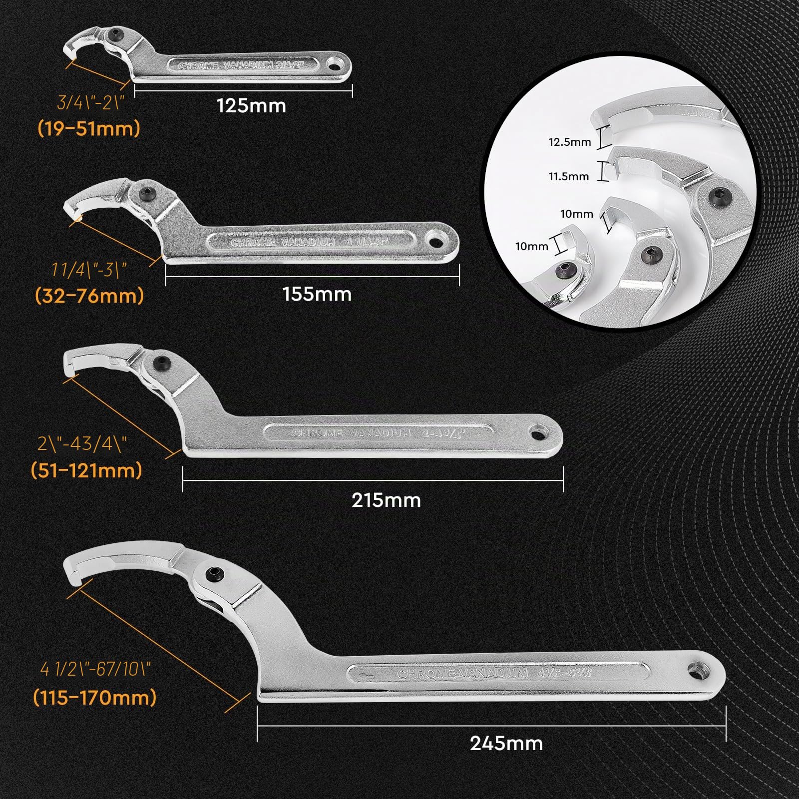 SWAWIS 4pcs Juego de Cabeza Cuadrada C Llave de Gancho Ajustable 19-170mm | Acero al Cromo-Vanadio, para Amortiguadores de Motocicleta Medidores de Agua Equipos Mecánicos