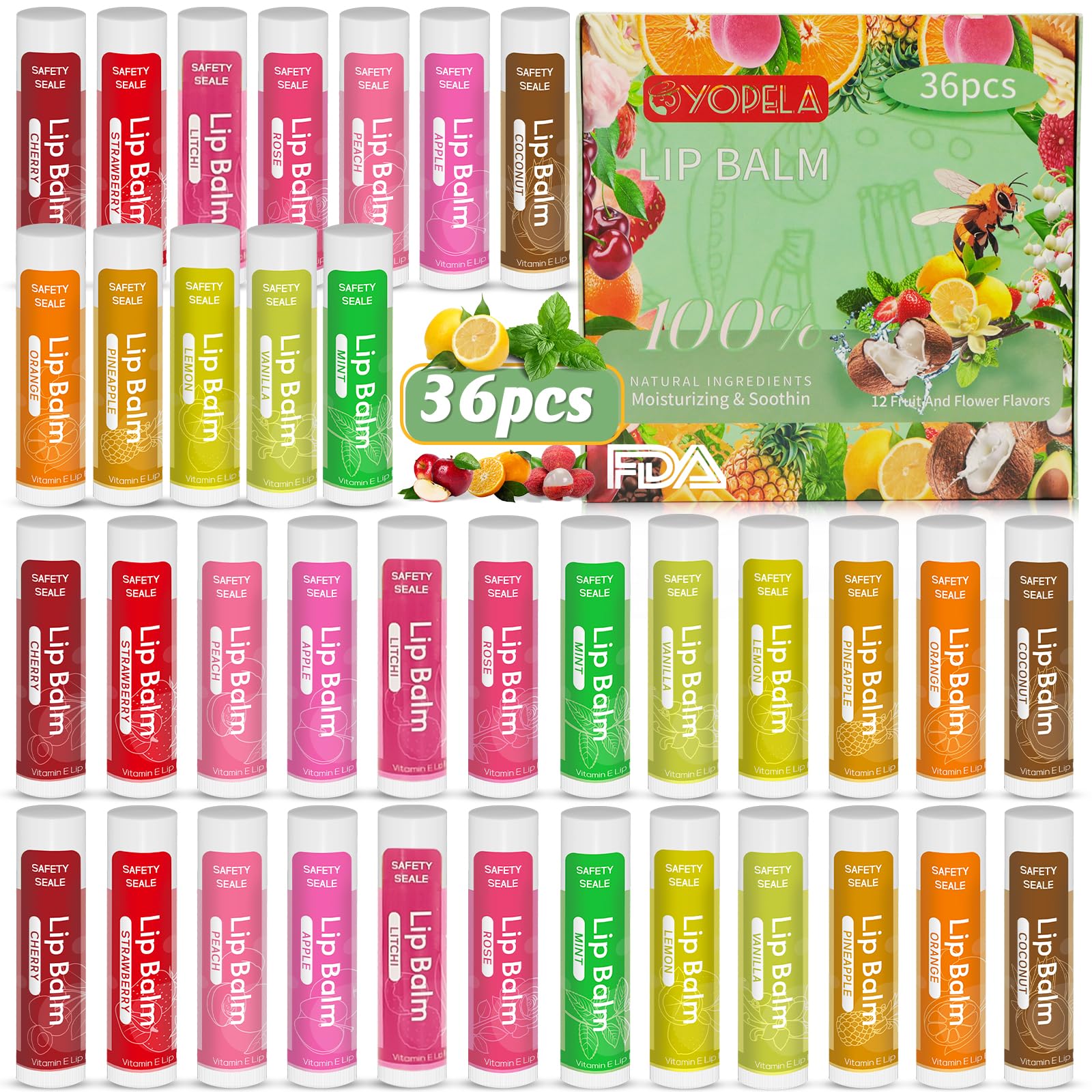 Yopela 36 Pack Natural Lip Balm Bulk with Vitamin E and Coconut Oil - Moisturizing, Soothing, and Repairing Dry and Chapped Lips Valentine's Gift- 12
