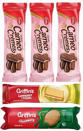 Griffins Sampler - Cameo Cremes, Lemon Treats & Gingernuts 5 PACKS A Delicious Snack Option with a Rich and Creamy Filling Sandwiched Between Two Crisp Biscuit Layers