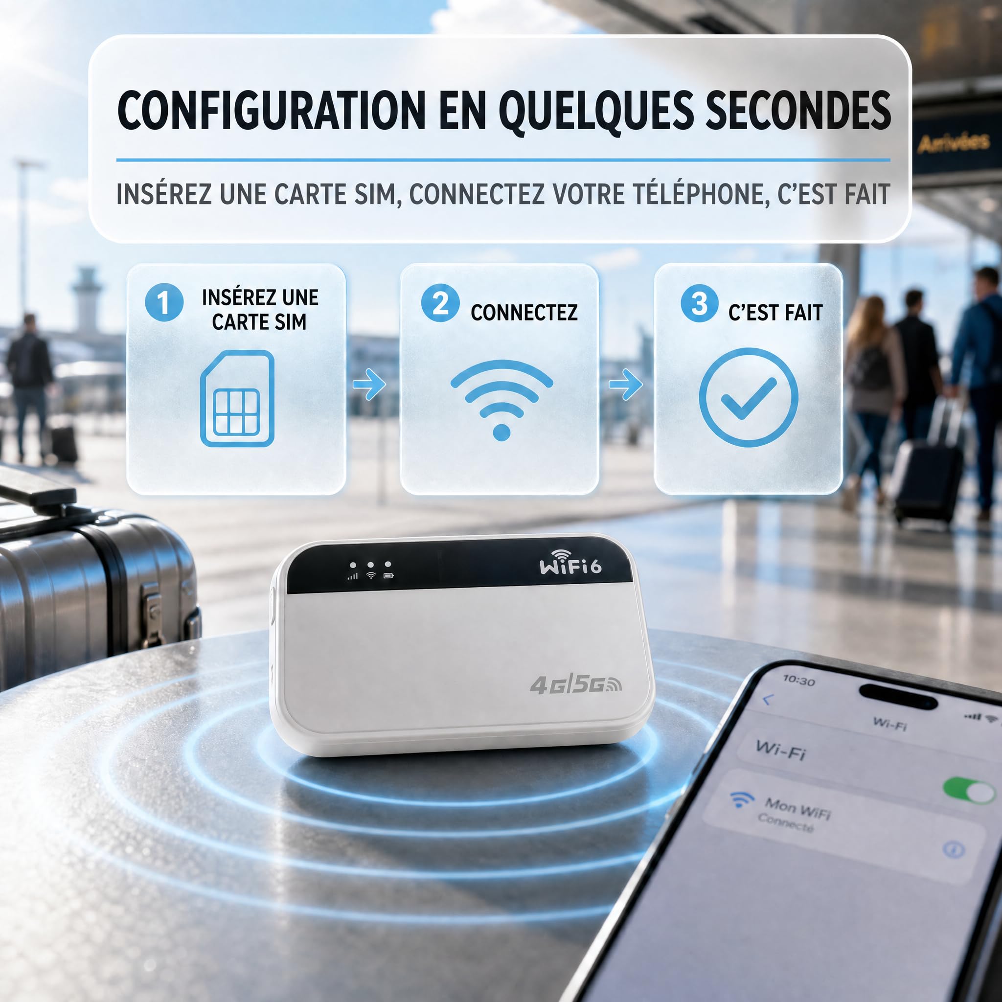 Routeur WiFi 5G Portable Slot SIM, Hotspot WiFi Nomade Voyage, Pocket WiFi | 3000mAh, 14H Autonomie, 300Mbps, 24 Appareils, WiFi 6, Sans Abonnement, Plug & Play, Voyage, Camping, Télétravail, Plein Air