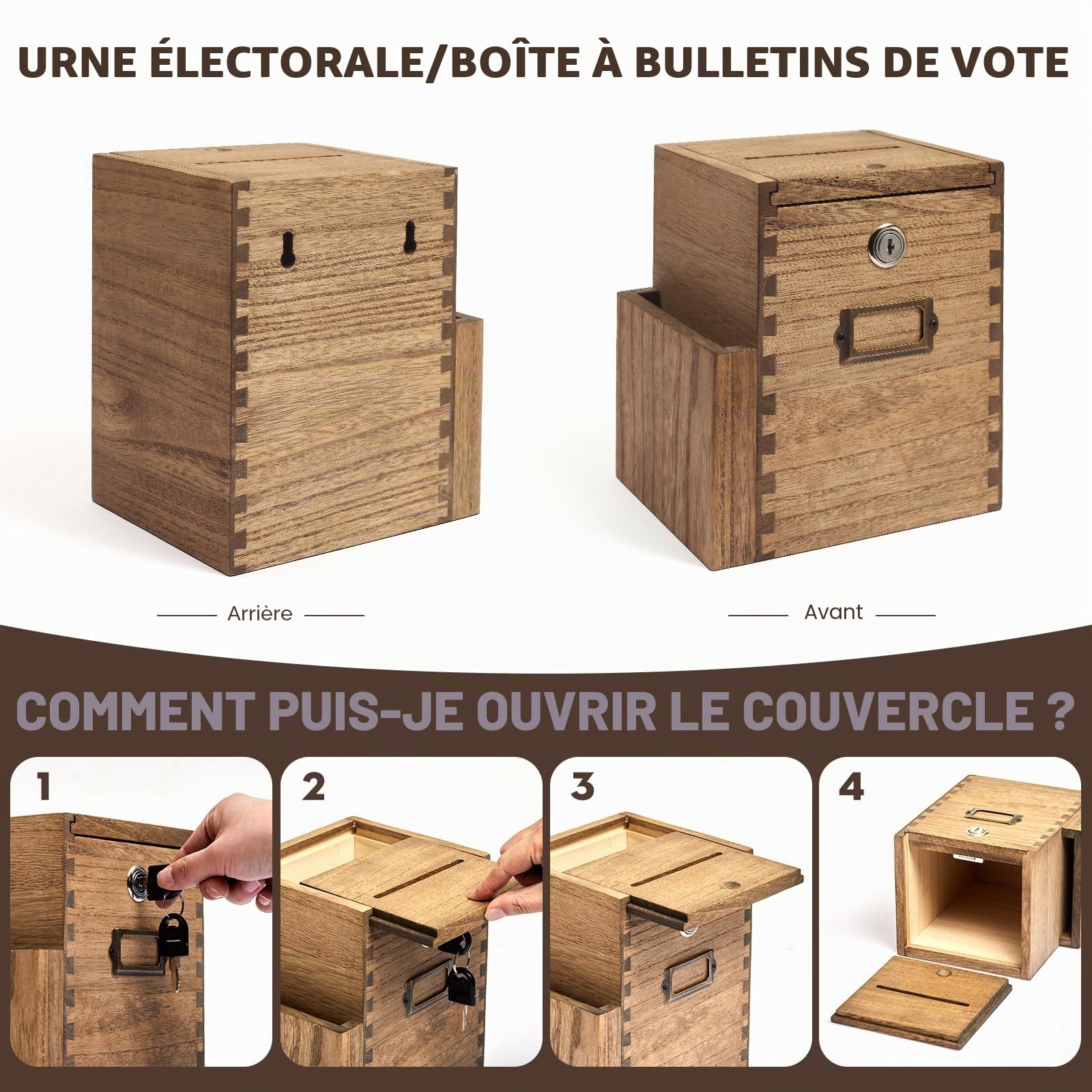 KIRIGEN Boîtes à suggestions en bois Boîtes à suggestions verrouillables pour bureaux, écoles, hôpitaux Boîtes de vote pour les dons jaune-brun