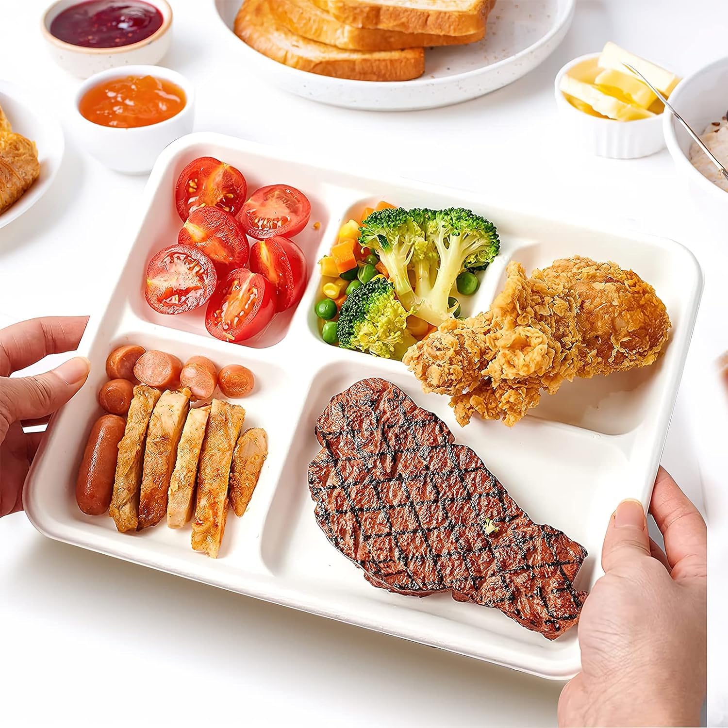 MSYU 125 piatti in cartone compostabili al 100% a 5 scomparti, vassoio da pranzo usa e getta di alta qualità, ecologici, realizzati in fibre di canna da zucchero