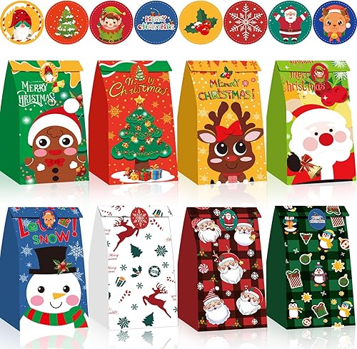 FEBSNOW Paquete de 40 bolsas de regalos de Navidad con calcomanías, dulces, galletas y papel de manualidades para recuerdos de fiesta de Navidad