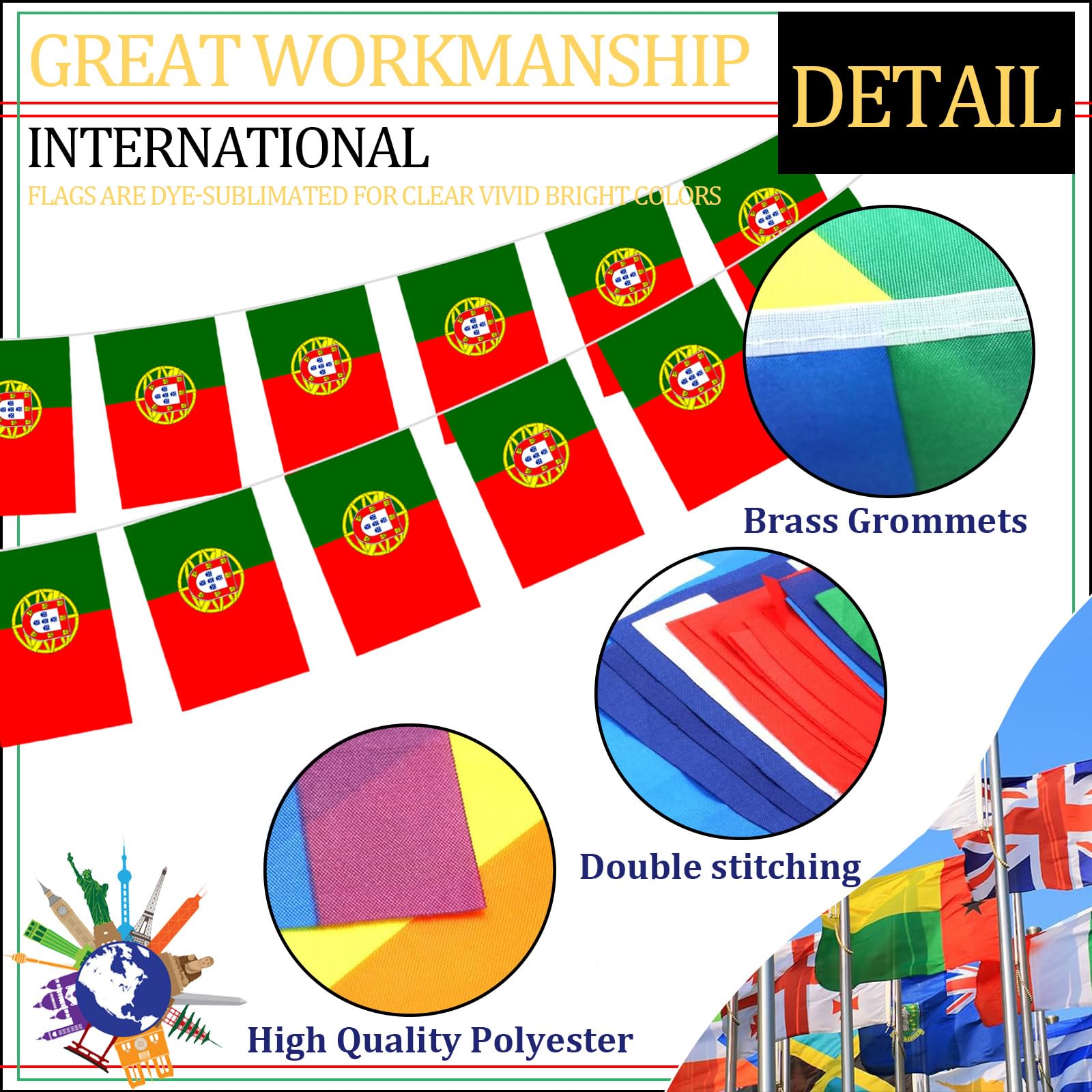 10m Guirnalda Bandera de Portugal,30 Doble Cara Pequeña Personalizada Banderas,para Decoración Patio,Balcón,Jardin,Barra,para Juegos de Fútbol,Eventos Deportivos,Día Nacional,Fiesta de Portugal
