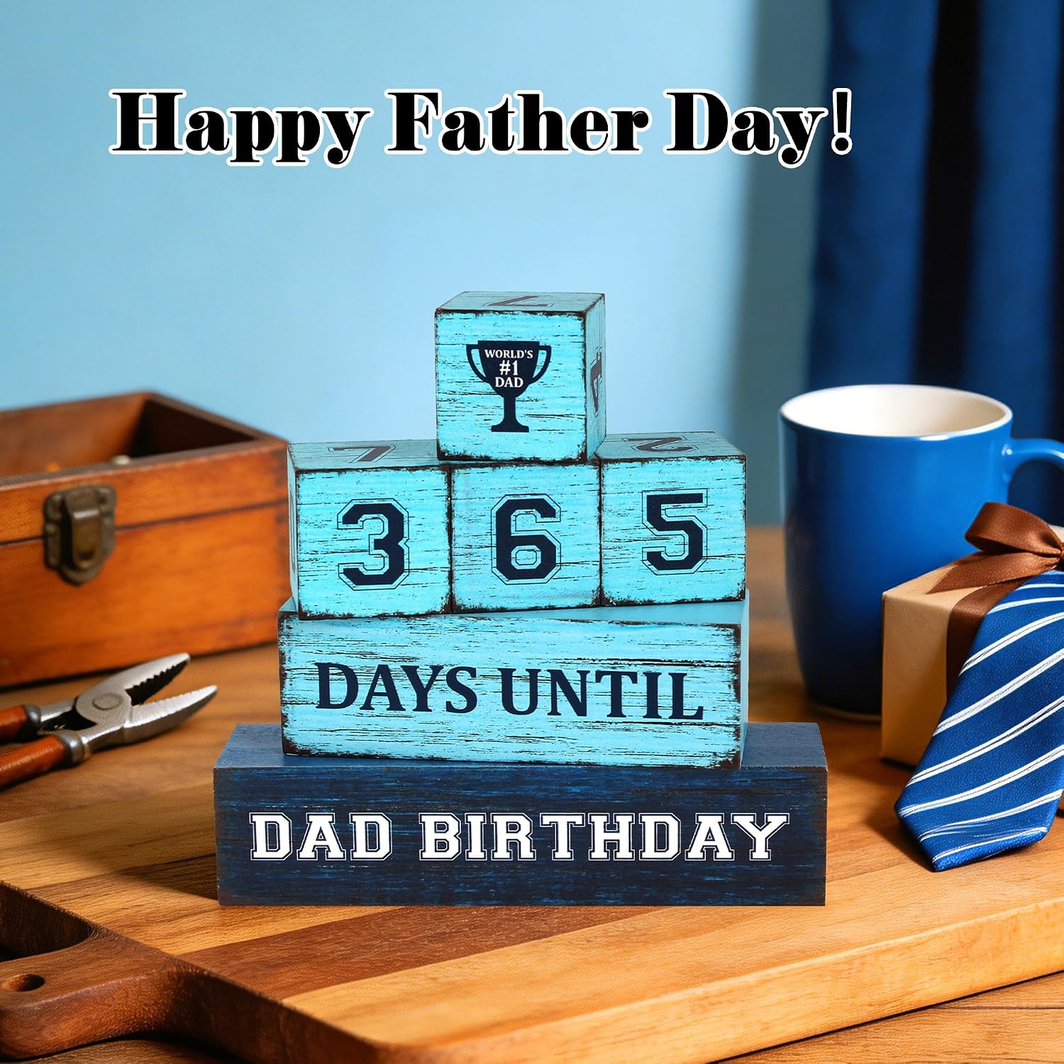 365 Days Dad Birthday Countdown Wooden Tiered Tray Decor, Father Day Decorations Gifts for Home, Daddy Papa Pop Grandpa Table Centerpiece for Office Kitchen Office image 3