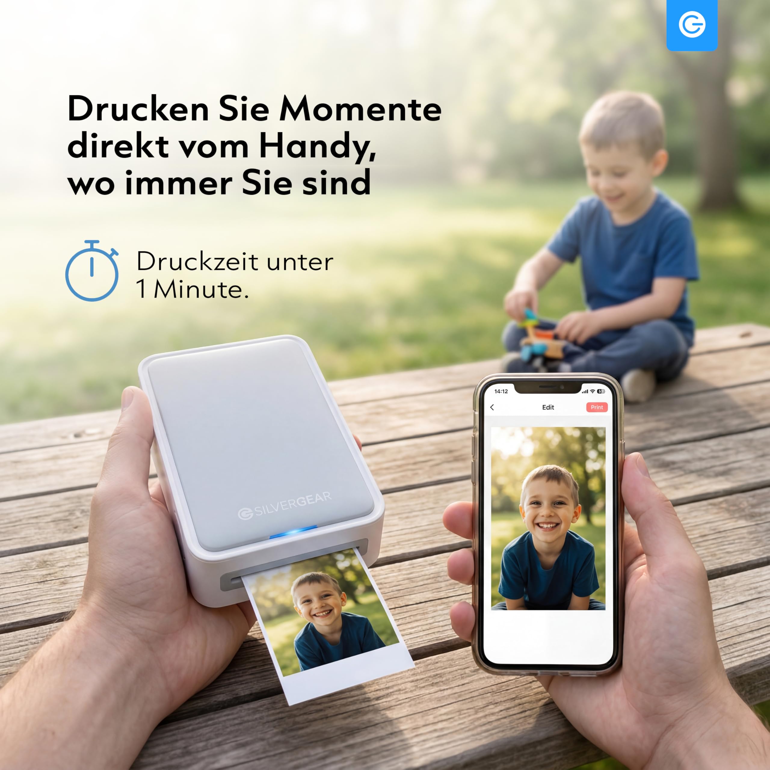 Silvergear® Fotodrucker für Smartphone | Mini Drucker Bluetooth mit App | iOS & Android | 300dpi Sofortbilddrucker | 4Pass-Farbsublimation | Hochzeit & Journaling | inkl. Fotoblätter 5,4×8,2cm | Weiß