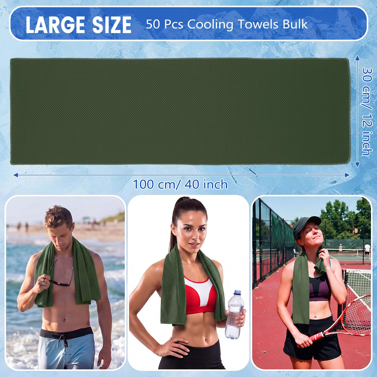 Confezione da 50 Asciugamani rinfrescanti 40"x12" Asciugamani da Yoga Traspiranti Morbidi e Freschi in Microfibra per Allenamento,Collo e Viso,Palestra Golf Sport Corsa (Verde Oliva)