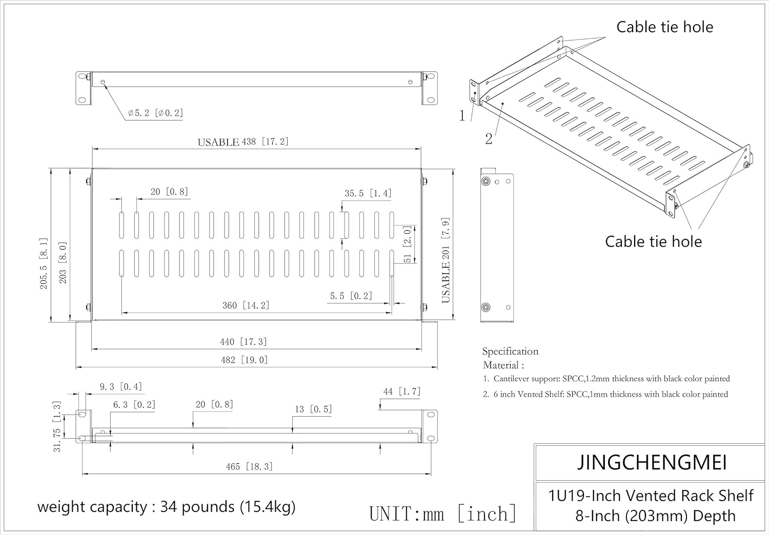 Jingchengmei 1U Disassembled Vented Cantilever Server Rack Mount Shelf 8"(203mm) Depth for 19-Inch Network/AV Equipment Rack and Cabinet(1U8V) - Image 7