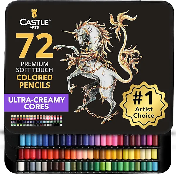 Castle Art Supplies Colored Pencils Set | 72 Premium Soft Core Colored Leads for Adult Artists | Organized in Presentation Tin Case