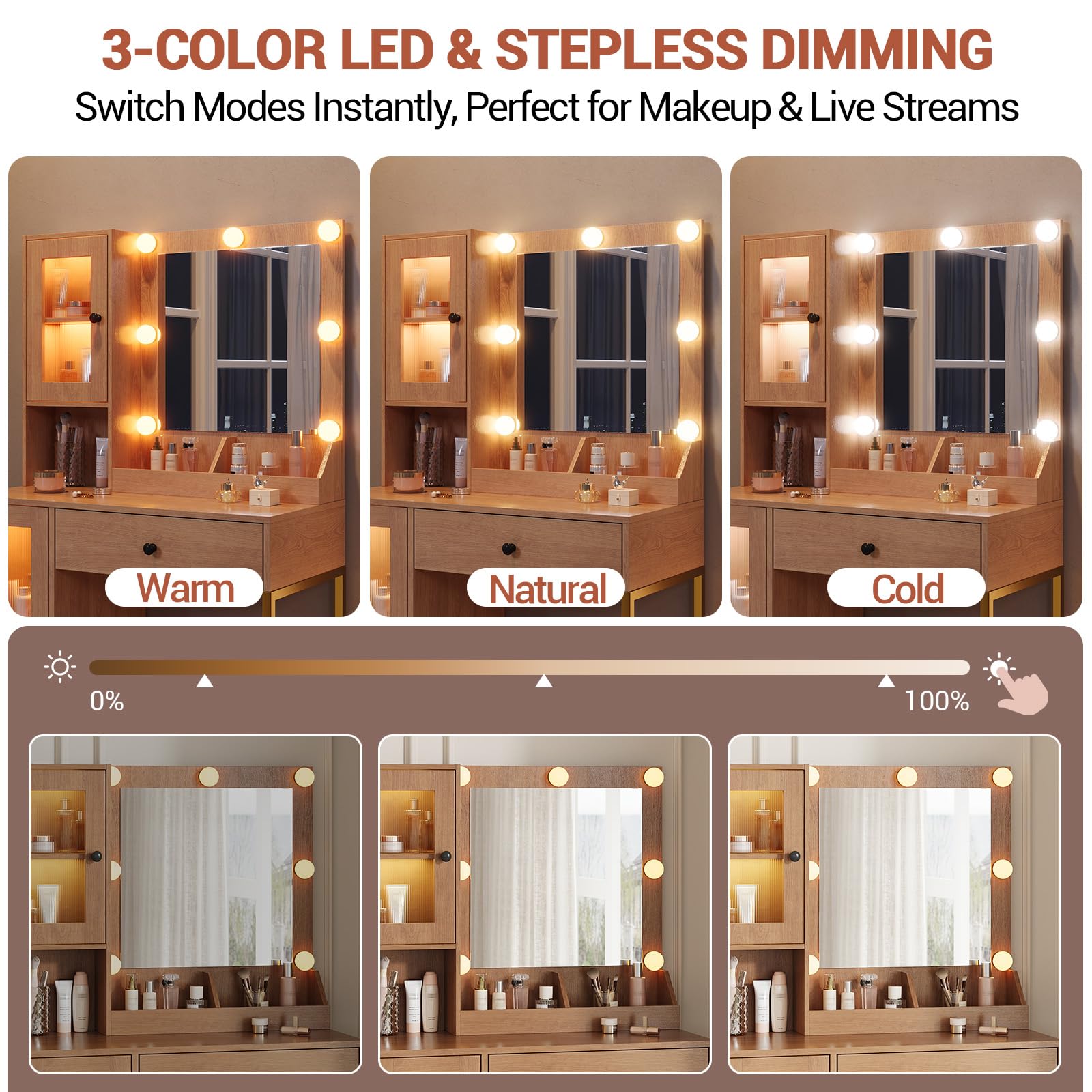 Tocador con Espejo e iluminación Elegante tocador con cajones y armarios, Espacio de Almacenamiento, MDF Resistente, Luces Regulables, enchufes Integrados y Puertos USB para Dormitorio