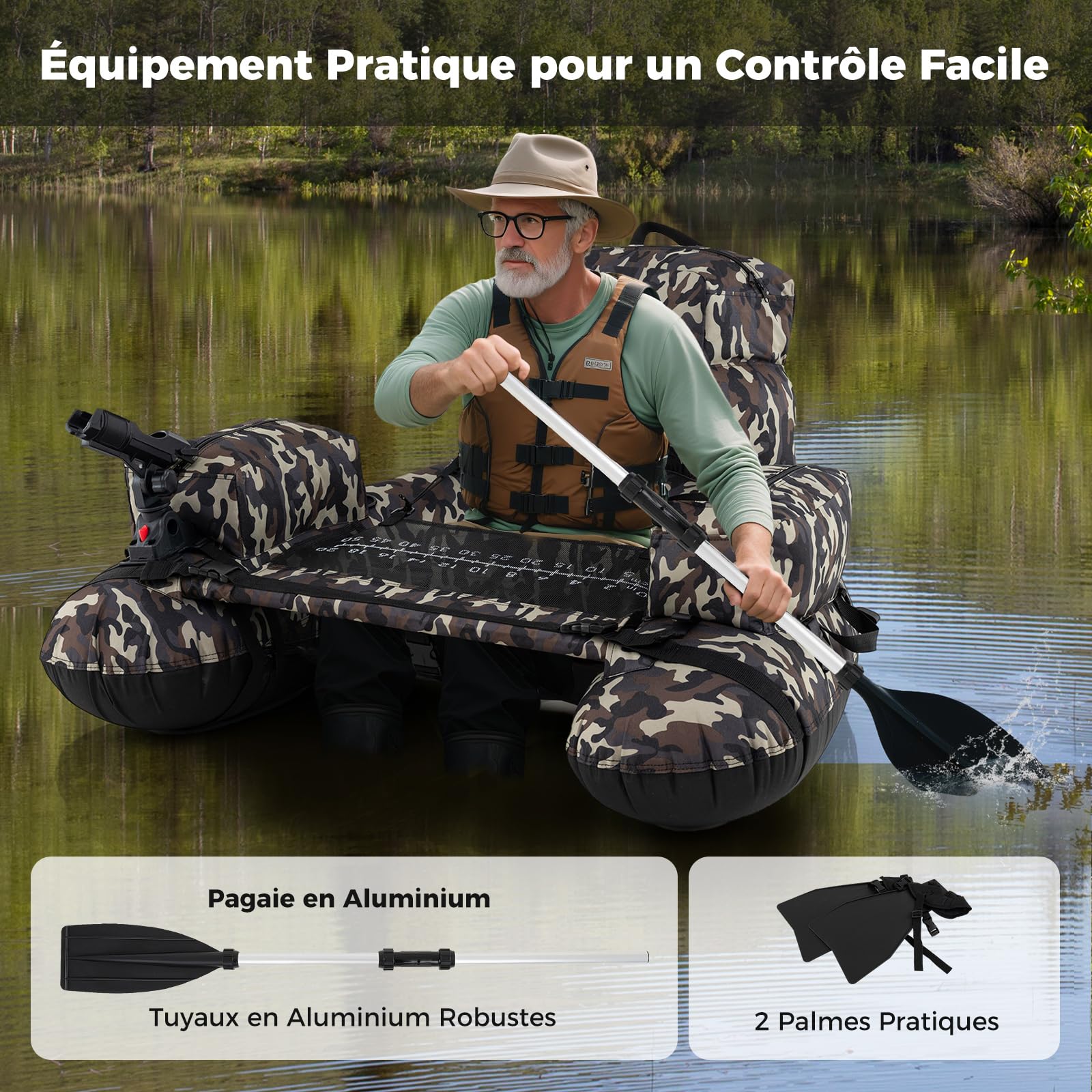 COSTWAY Bateau de Pêche Gonflable avec Bretelles, Bouée de Pêche Portable avec Pompe Manuelle Pagaie Palmes Support pour Canne À Pêche Règle À Poissons, Charge 150 kg