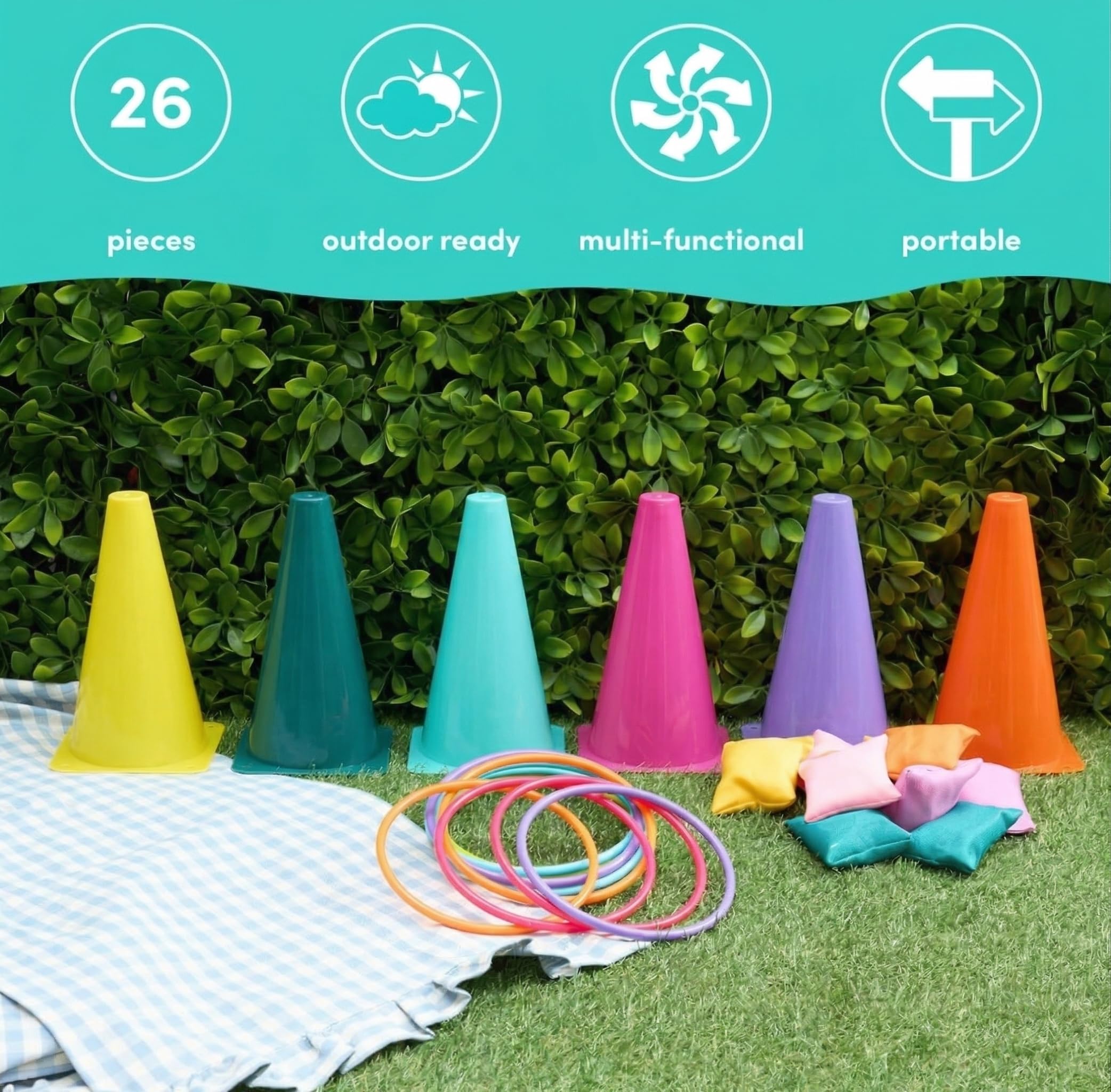 THE TWIDDLERS Gioco da Esterno 3 in 1 per Bambini e Adulti - Set con Coni, Anelli e Sacchetti da Lancio per Feste in Giardino e Compleanni