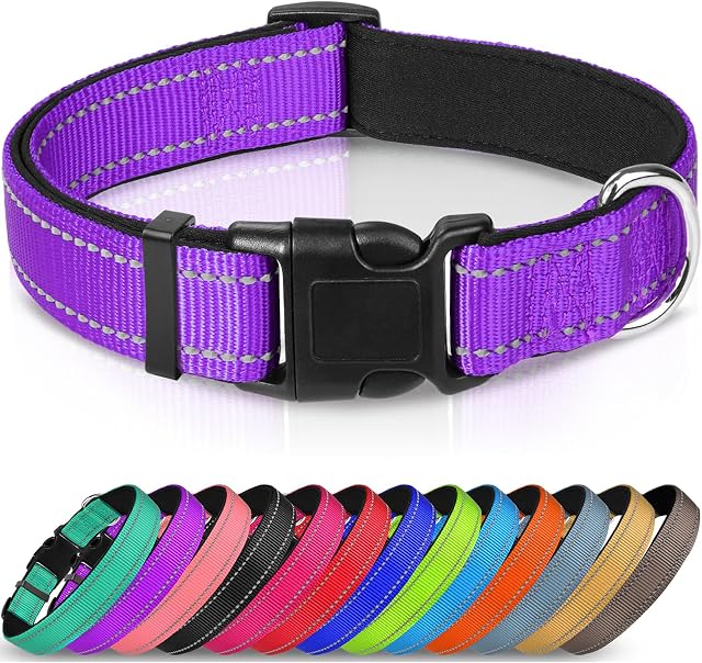 Joytale Reflective Dog Collar,Padded Breathable Soft Neoprene Nylon Pet Collar Adjustable for Large Dogs,L,Purple