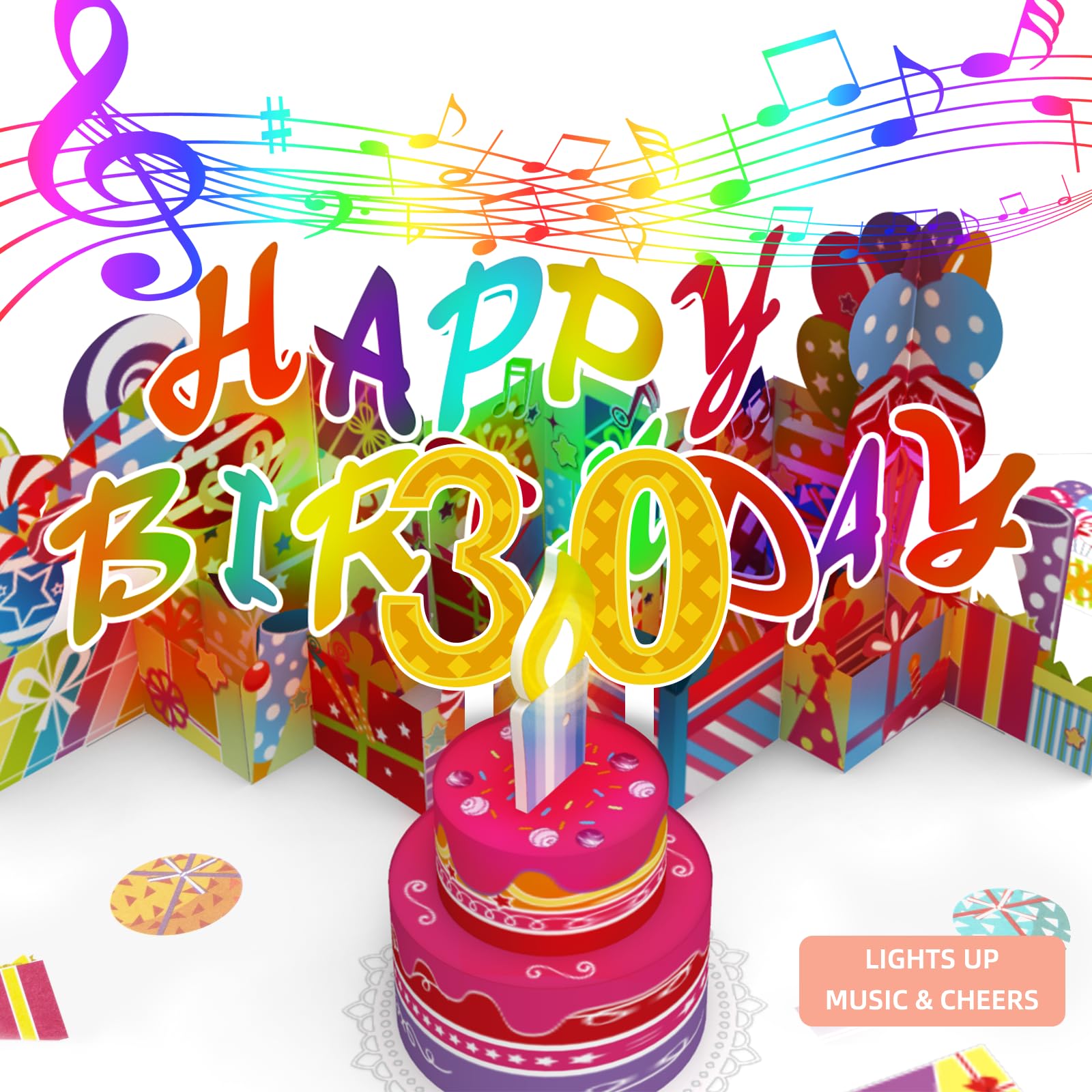 30th Pop-Up Musical Birthday Card, Blowable LED Candle for Women and Men