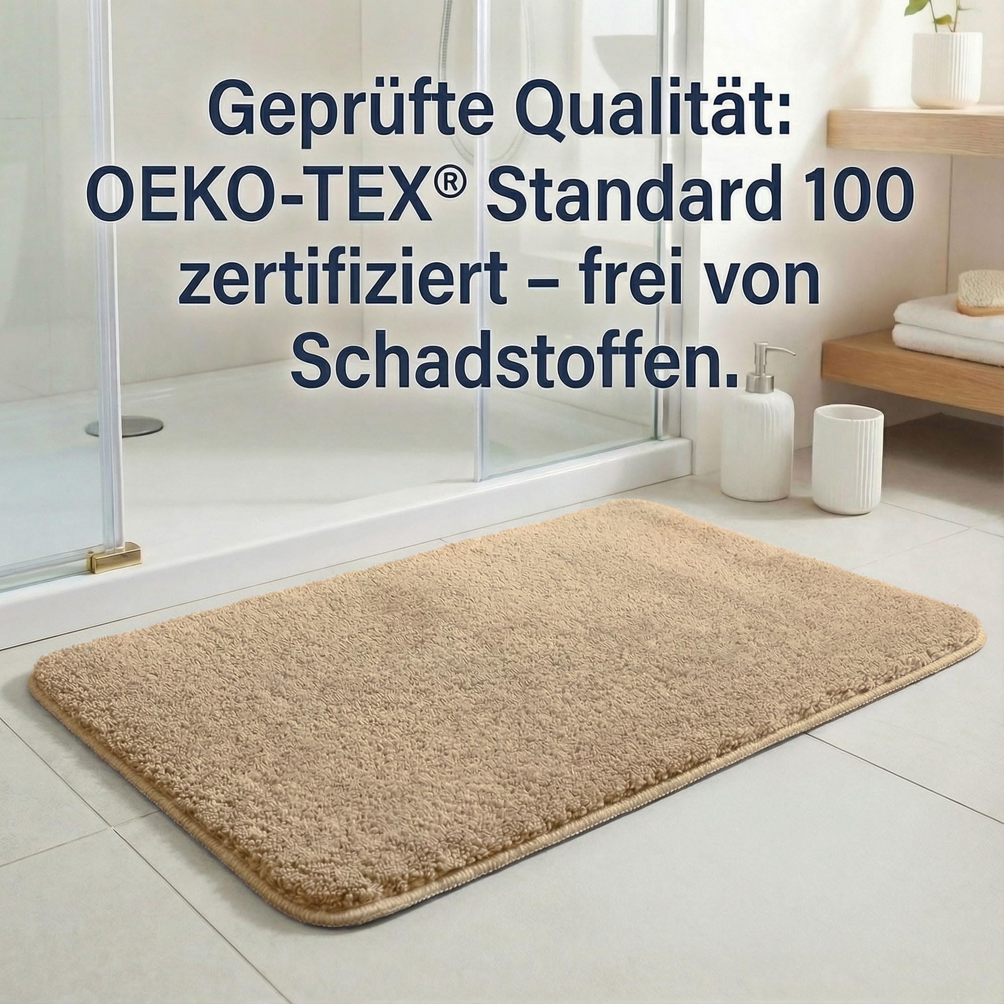 HELLSER Badezimmerteppich MIRA | Badematte rutschfest & Waschbar | Weicher Mikrofaser Badteppich | Saugfähig & Schnelltrocknend | Oeko-TEX Badvorleger für Fußbodenheizung | Beige | 60x120 cm