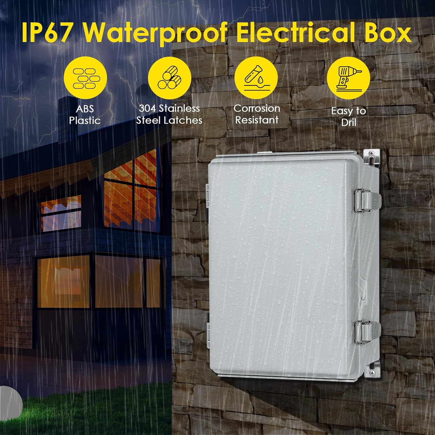 Waterproof Electrical Junction Box, IP67 ABS Plastic Junction Box Enclosure with Aluminum DIN Rail, Mounting Plate, Wall Brackets for WiFi Electronics Project, Grey (16.1''×12.2''×7.1'')